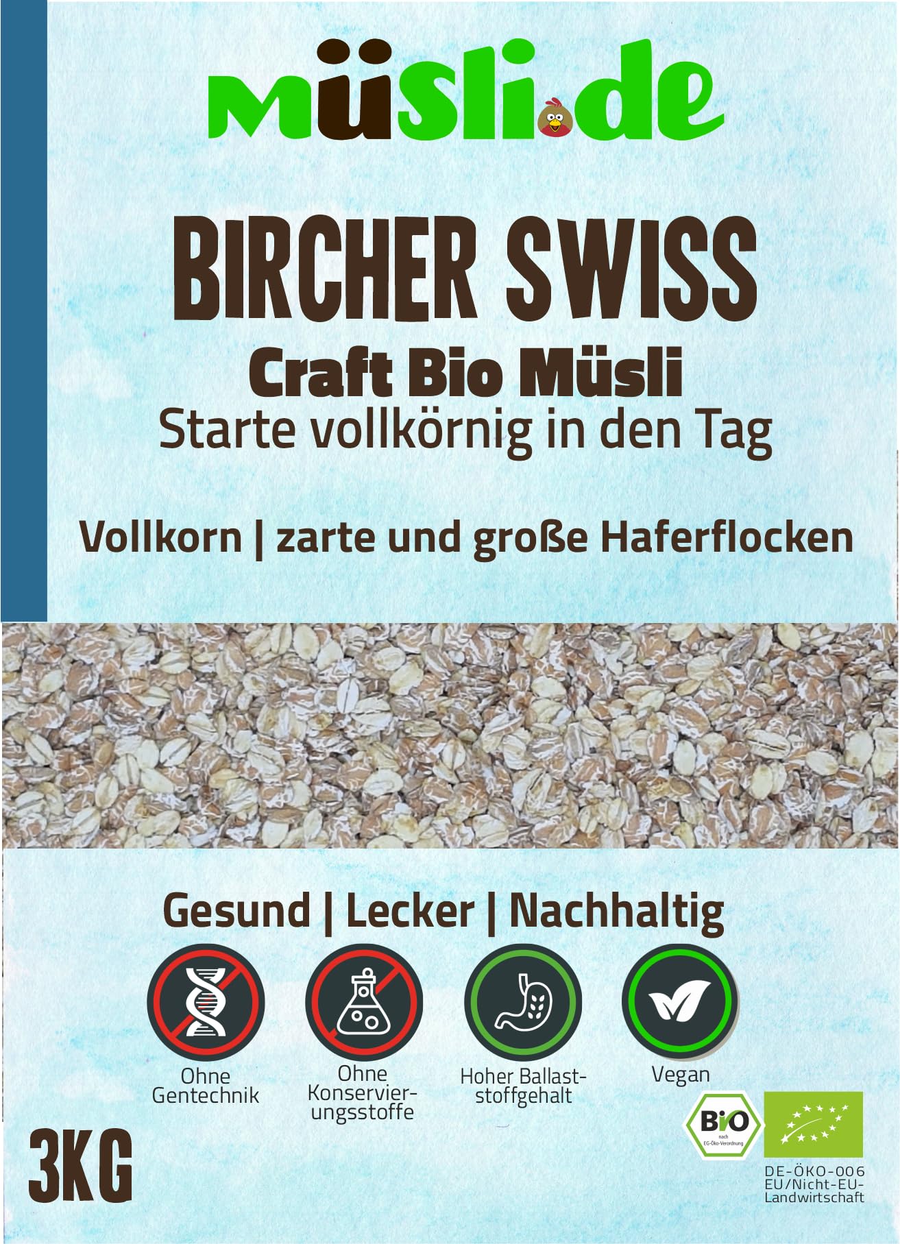 müsli.de BIO Haferflockenmischung Bircher Swiss (feine und grobe Haferflocken) 4 x 3kg, für eine vegane Ernährung geeignet. Knackiger Geschmack dank Vollkornflocken. (3kg Beutel (4 Stück))