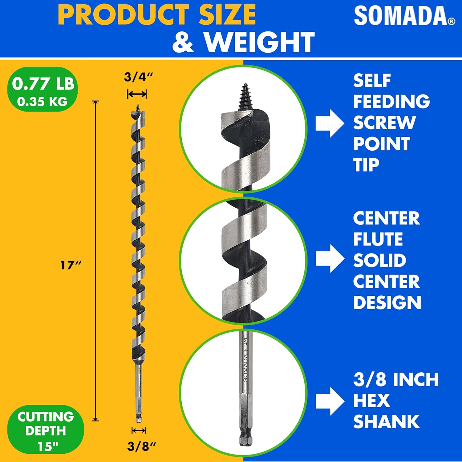 SOMADA 3/4-Inch x 17-Inch Auger Drill Bit for Wood, Hex Shank 3/8-Inch One Piece, Ship Auger Long Drill Bit for Soft and Hard Wood, Plastic, Drywall and Composite Materials