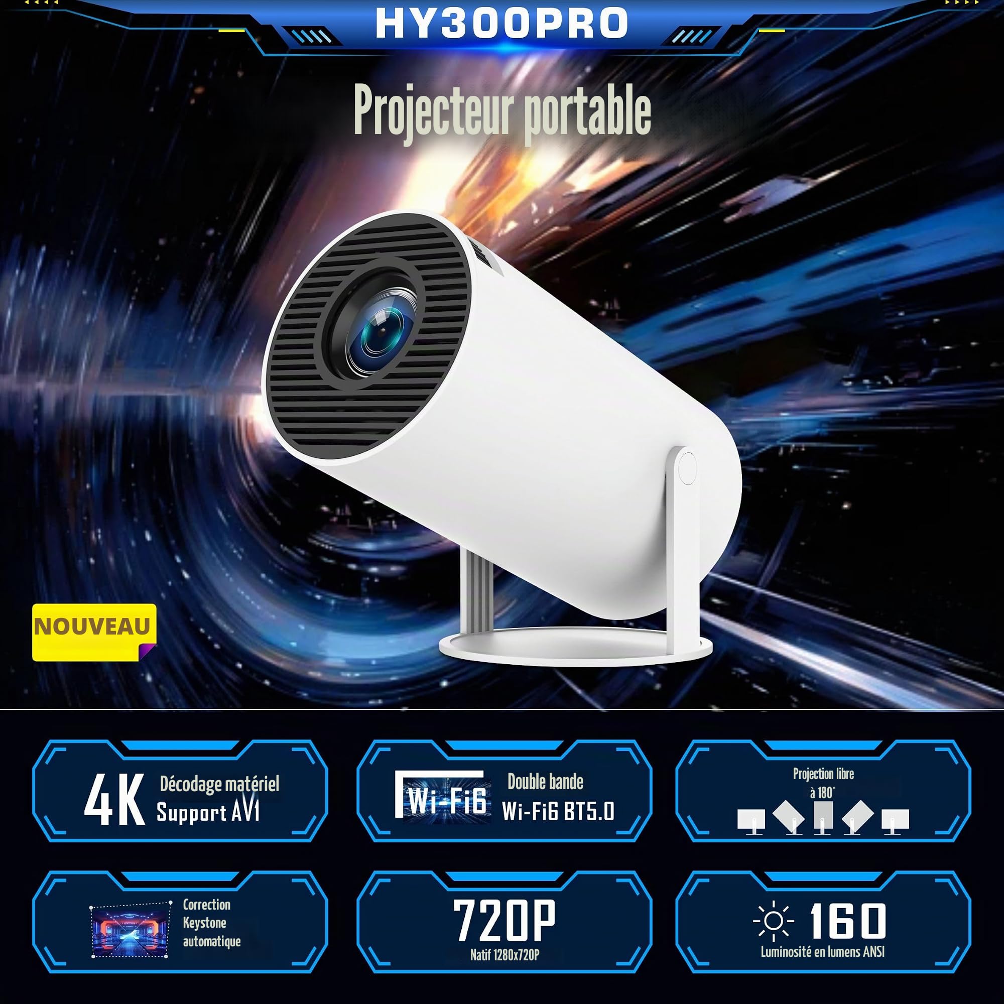 Mini Vidéoprojecteur,Home cinéma 4K Mini Projecteur avec Android OS, Prend en Charge 5G WiFi, BT5.0, Correction trapézoïdale Automatique, Angle de 180 degrés, écran 130 Pouces pour Téléphone/PC/Lap