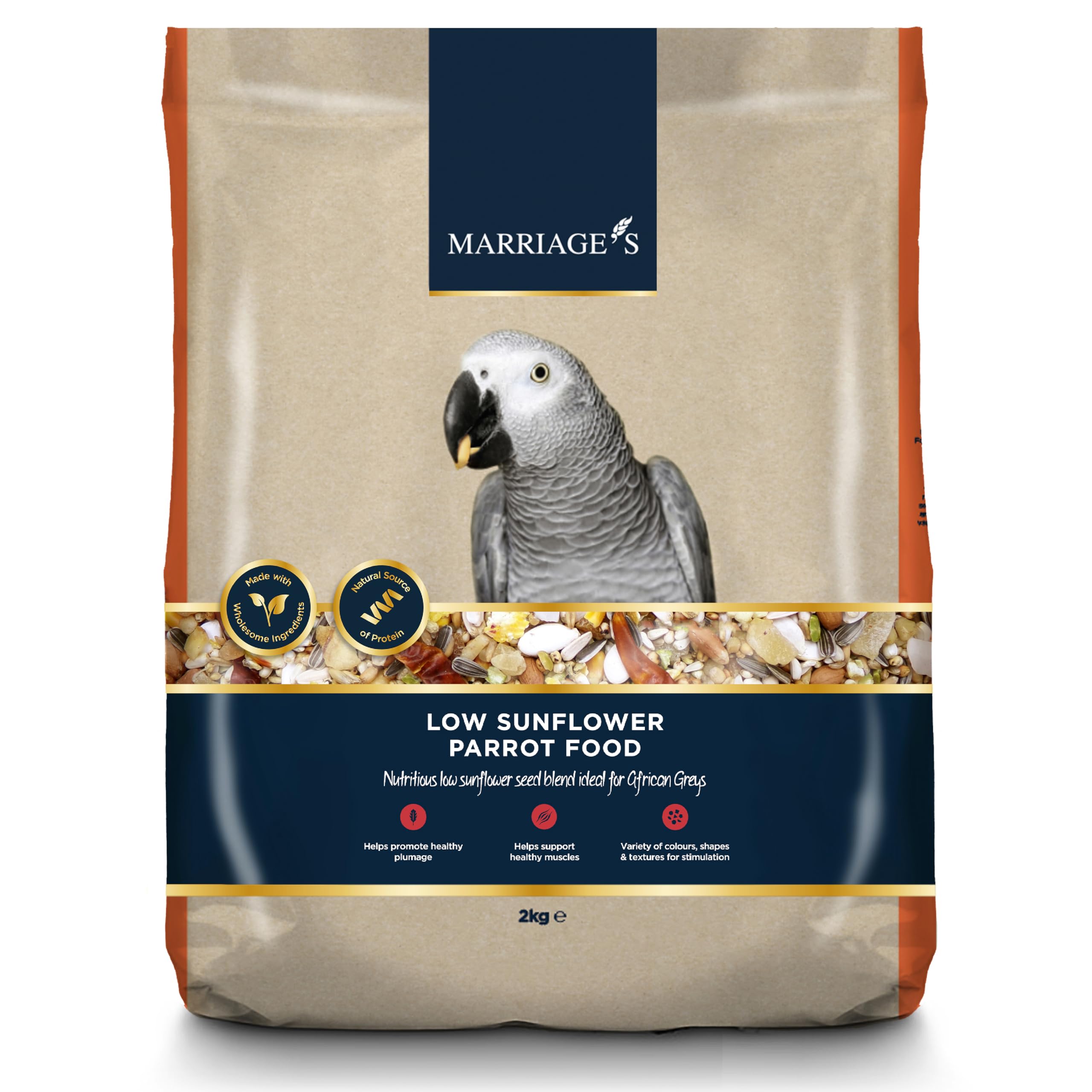Marriages - Low Sunflower Parrot Food 2kg, Parrot Seed with Oats and Peanut Kernels, Wholesome Bird Seed, Bird Food Packed with Fibre and Protein