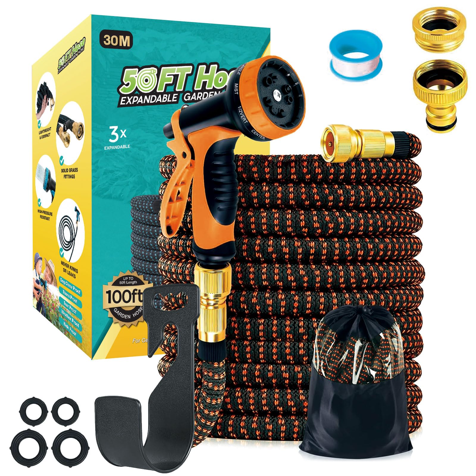 Funnity Gartenschlauch Flexibel 30M, Garten Wasserschlauch mit 10 Funktionen, Strapazierfähiger 3 Lagiger Latex Wasserschlauch 3/4 Zoll und 1/2 Zoll Metallanschlüsse,Orange Flexibler Gartenschlauch