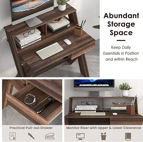 Miniatura 7 de Tangkula Escritorio para computadora de 2 niveles con cajón de almacenamiento pequeño escritorio con soporte para monitor reposapiés pensado y patas