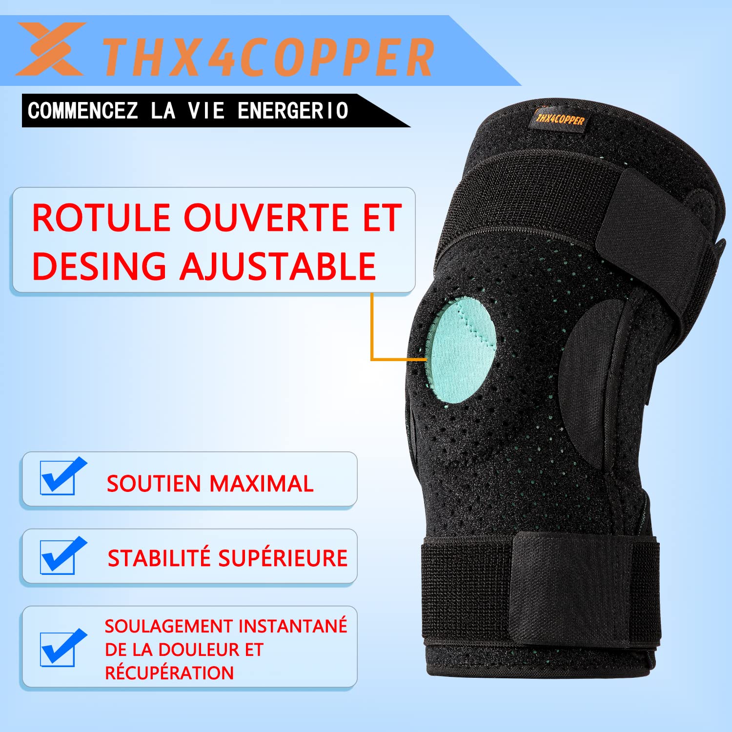 Thx4COPPER Genouillère Pliante - Rotule Ouverte Réglable avec Sangles Parallèles et Stabilisateurs Double Face, Genouillère de Compression, Genouillère pour Soulager les Douleurs au Genou-XL