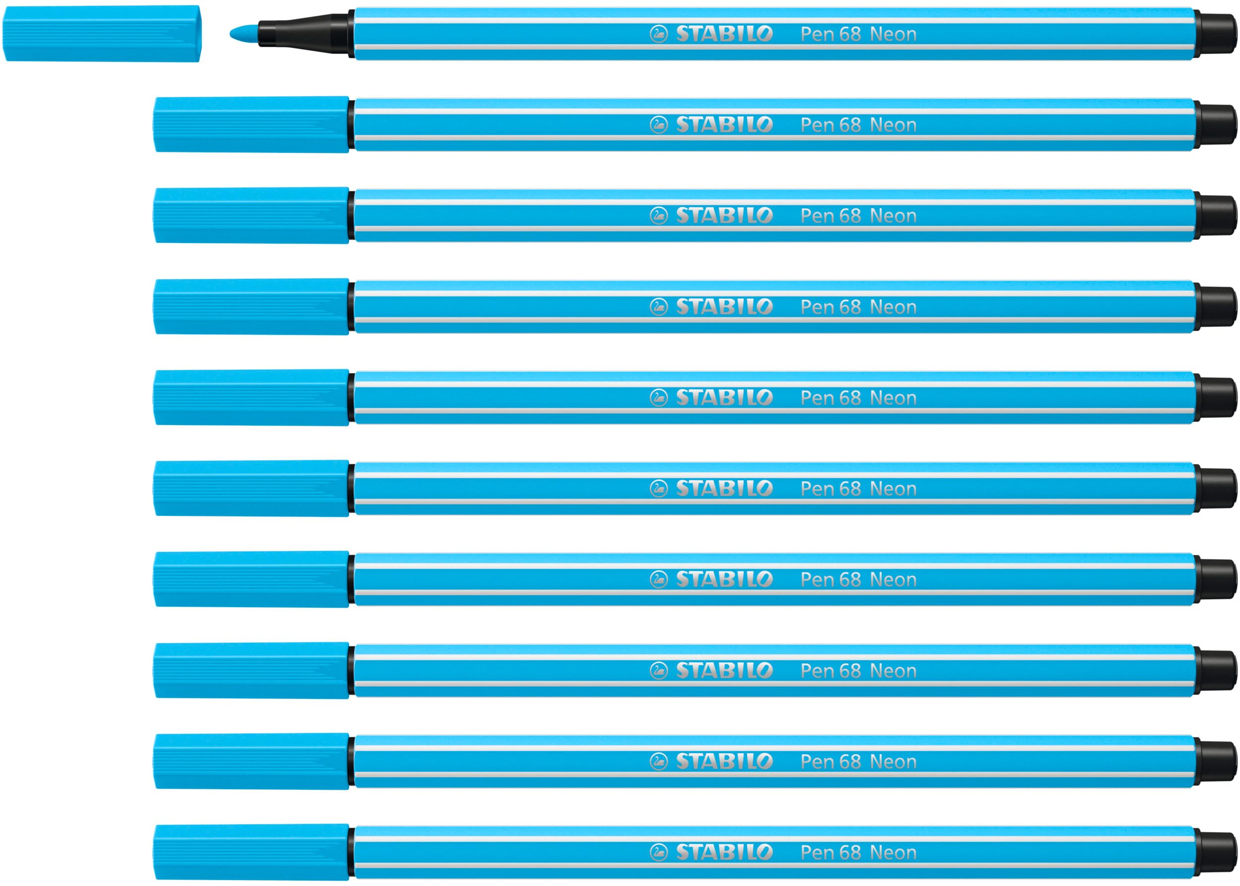 STABILO Pen 68 - Premium Fibre-Tip Pen - Pack of 10 - Neon Blue