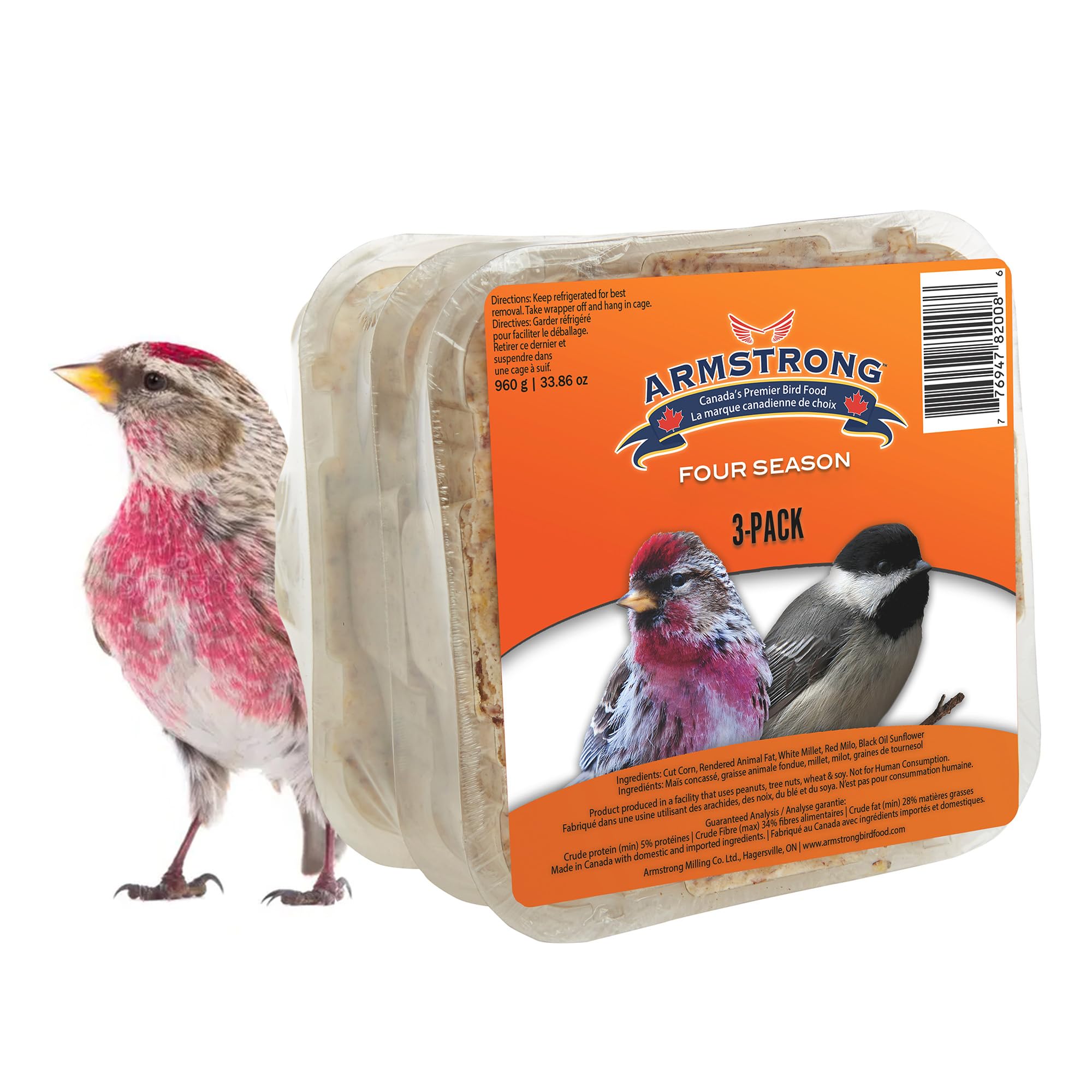 Armstrong Wild Bird Food Four Season Suet Cake, 11.3 Ounces (Pack of 3) - with Cut Corn, Rendered Beef Fat, White Millet and Black Oil Sunflower for