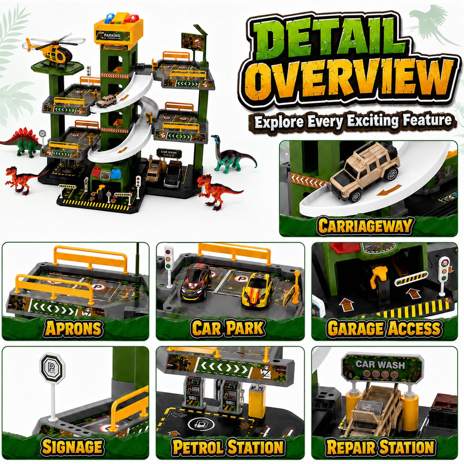 5 Stockwerke Parkgarage für Kinder, Dinosaurier-Thema Spielzeug Parkhaus mit 12 Autos und 1 Hubschrauber für Kinder, Parkhaus mit Aufzug, Geschenke für 3-9 Jahren