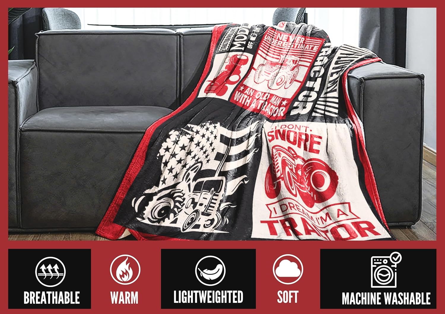 Red Tractor Gifts Blanket, Farmer Theme Flannel Throw Blanket for Men, Funny Unique Birthday for Him/Her 50"*65"-Black - Image 7
