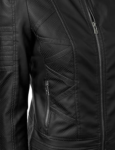 Vista 3 de Lock and Love Chaqueta de moto de cuero vegano de corte ajustado para mujer, abrigo de motocicleta de PU