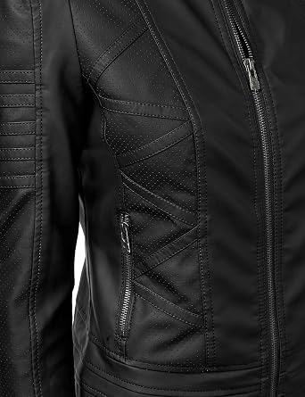 MBJ Womens Faux Leather Zip Up Moto Biker Jacket With Stitching DetaiL