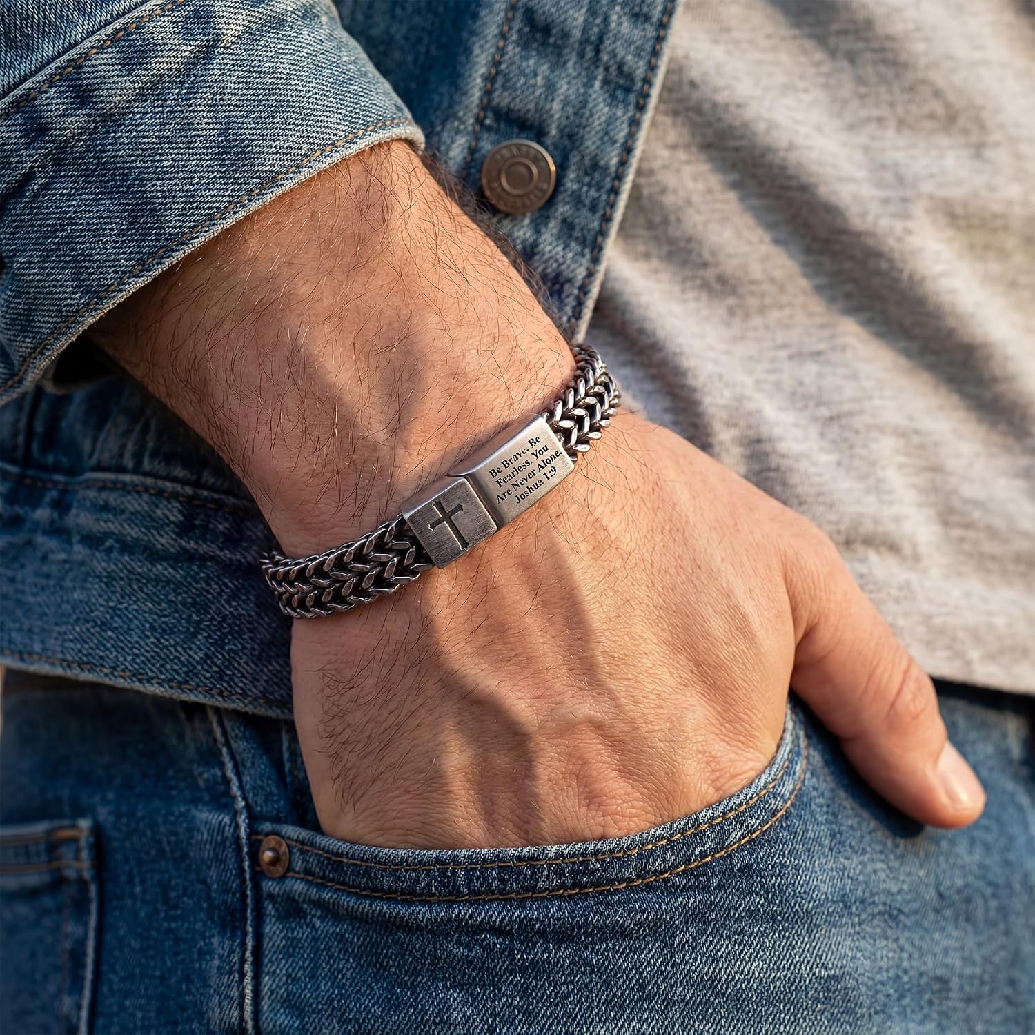 NORBU Men's Stainless Steel 8mm Franco Chain Bracelet, Double-Sided Engraved Bible Verse & Religious Icon, Saint Michael Defend Us Bracelet Christian Jewelry Faith Gift for Men Him Father's Day (Be Brave. Be Fearless. You are Never Alone, 8.0, Inches)