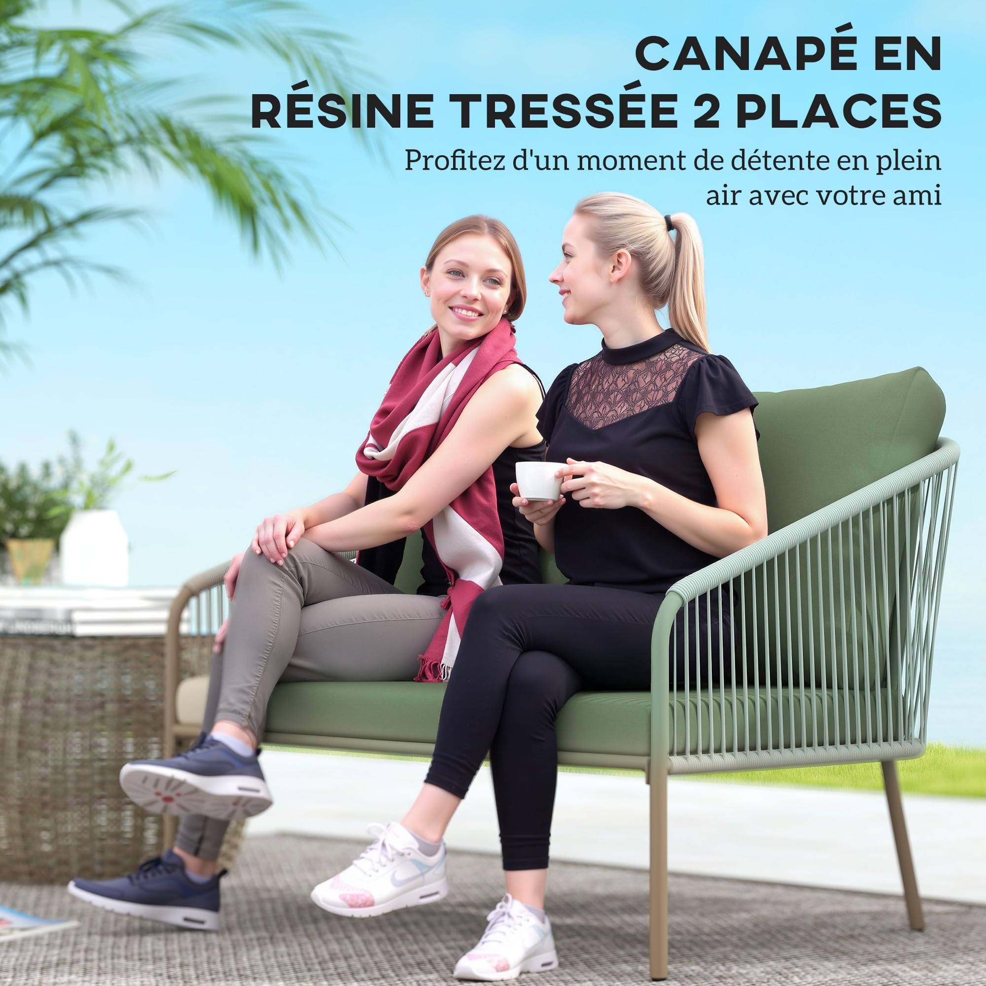 Outsunny Canapé de Jardin 2 Places Résine Tressée Coussins Accoudoirs Cadre Acier Vert