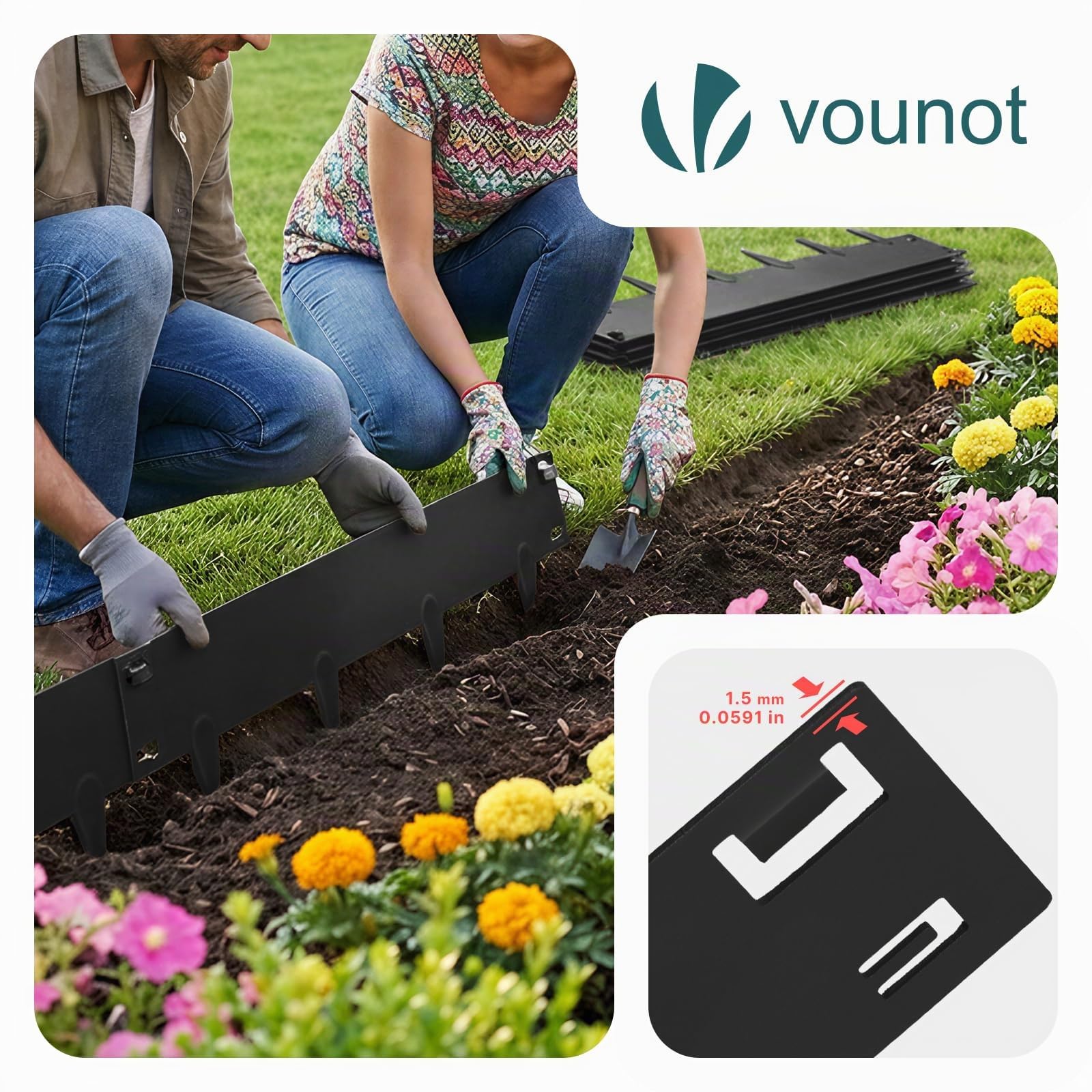 VOUNOT® Rasenkante verzinkt Metall 5m, Robuste Beeteinfassung Beetumrandung Mähkante 106×18 cm, 1,5 mm dick, Steckzaun für Blumenbeete & Garten, 5 Stück, Schwarz
