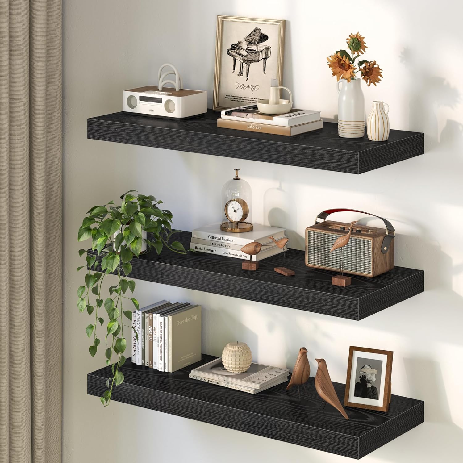 Fun Memories 72 Inch Floating Shelves, 12 Inch Deep Wall Shelf for Fireplace Mantel, Deep Storage Shelves for Home & Office, Long Floating Shelf with Invisible Bracket, Black, Set of 2