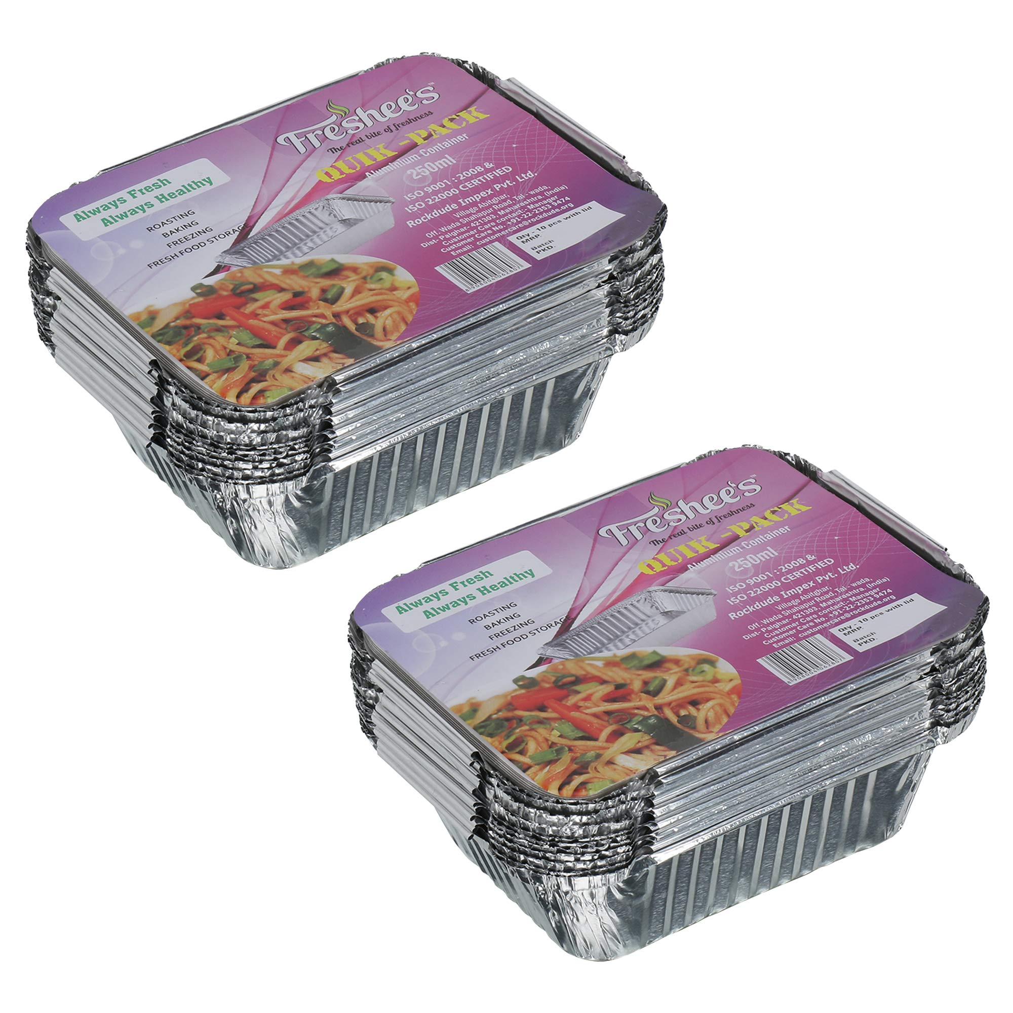 Freshee 250ml 20pcs Disposable Aluminum Foil Container for Baking & Storage Food Tray with Lid Takeaway Containers