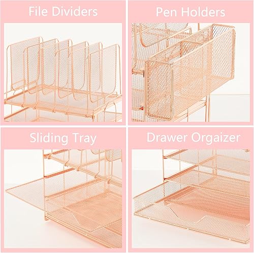 Miniatura 4 de ORDROLL Organizadores de papel de escritorio y accesorios, bandejas de letras de 3 niveles con 5 soportes verticales para archivos, cajón y soporte