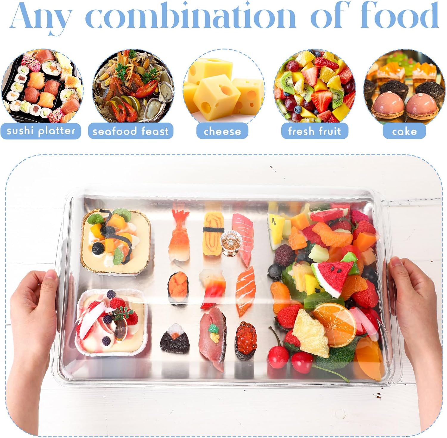 Baderke 1 Set 16" x 9" Chilled Serving Tray for Parties with Compartments and Lid Charcuterie Serving Board Ice Rectangle Chilled Party Platter for Seafood Vegetable Fruit Shrimp Cocktail (Silver)