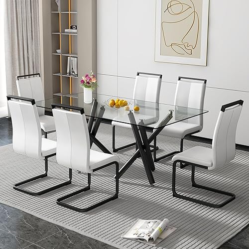 Miniatura 7 de Juego de 6 mesas de comedor de cristal, moderno juego de mesa de comedor de vidrio templado rectangular transparente de 71 pulgadas y 6 sillas de
