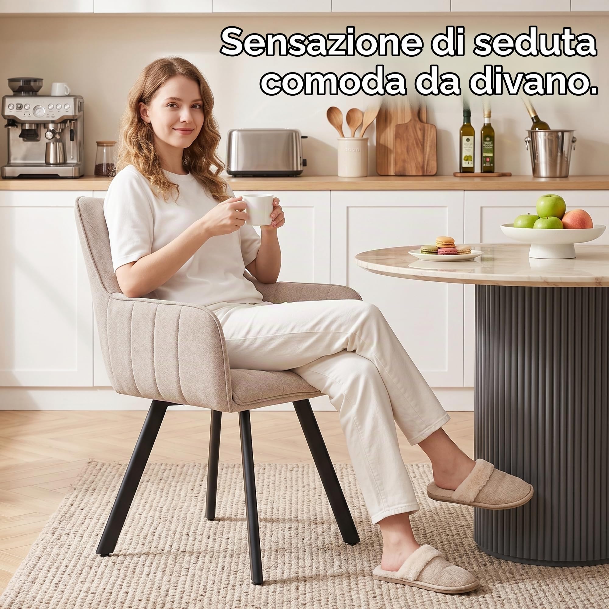 Set di 4 Sedie da Pranzo con Braccioli, Sedie da Cucina Imbottite in Lino, Gambe in Metallo Girevoli a 360°, Adatte a Sale da Pranzo, Cucine e Soggiorni, Beige