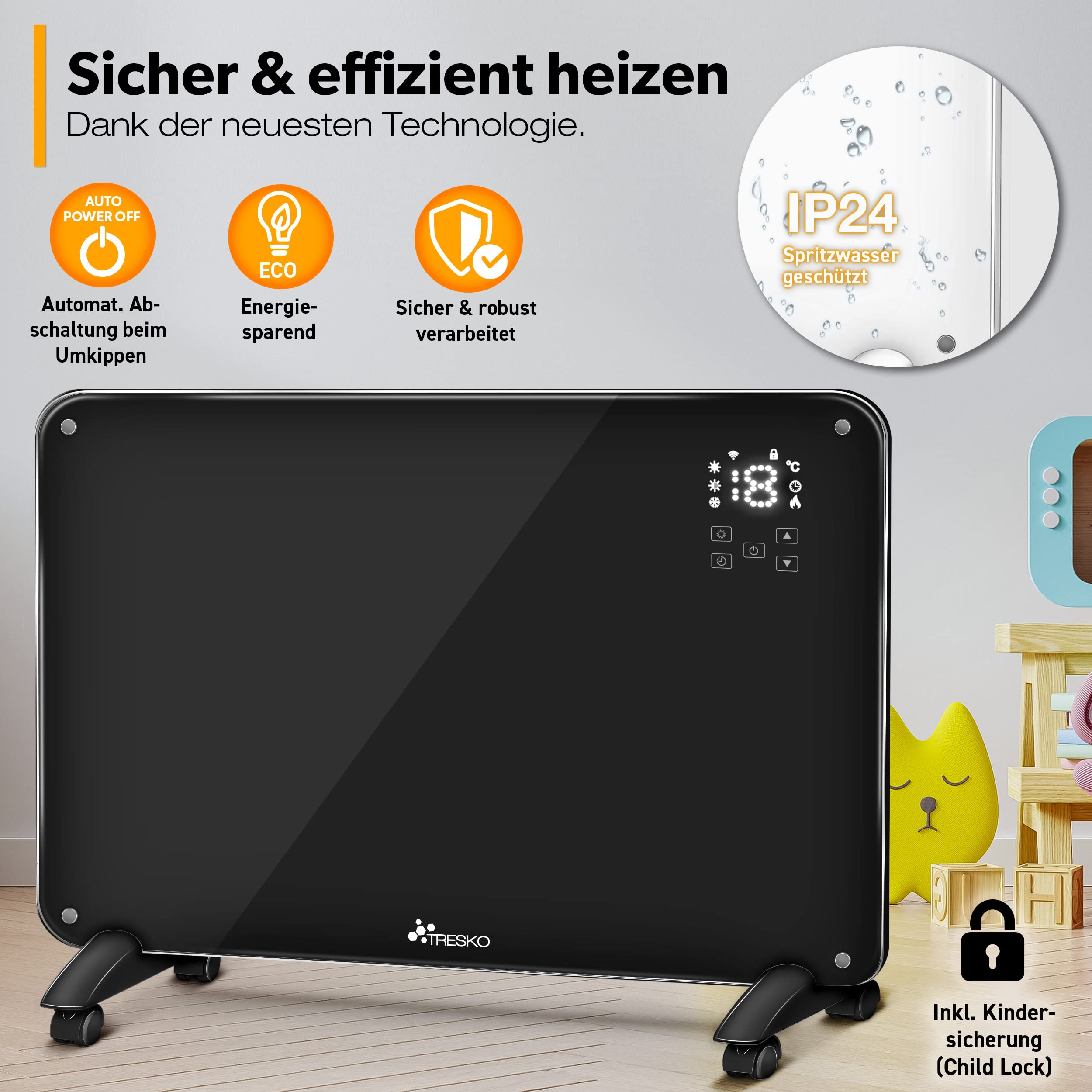 TRESKO Szklany konwektor 2000 W, APP WiFi, grzejnik elektryczny w zestawie Pilot zdalnego sterowania | szkło konwektorowe ogrzewanie dotykowe i wyświetlacz LCD | elektryczne ogrzewanie podłogowe lub