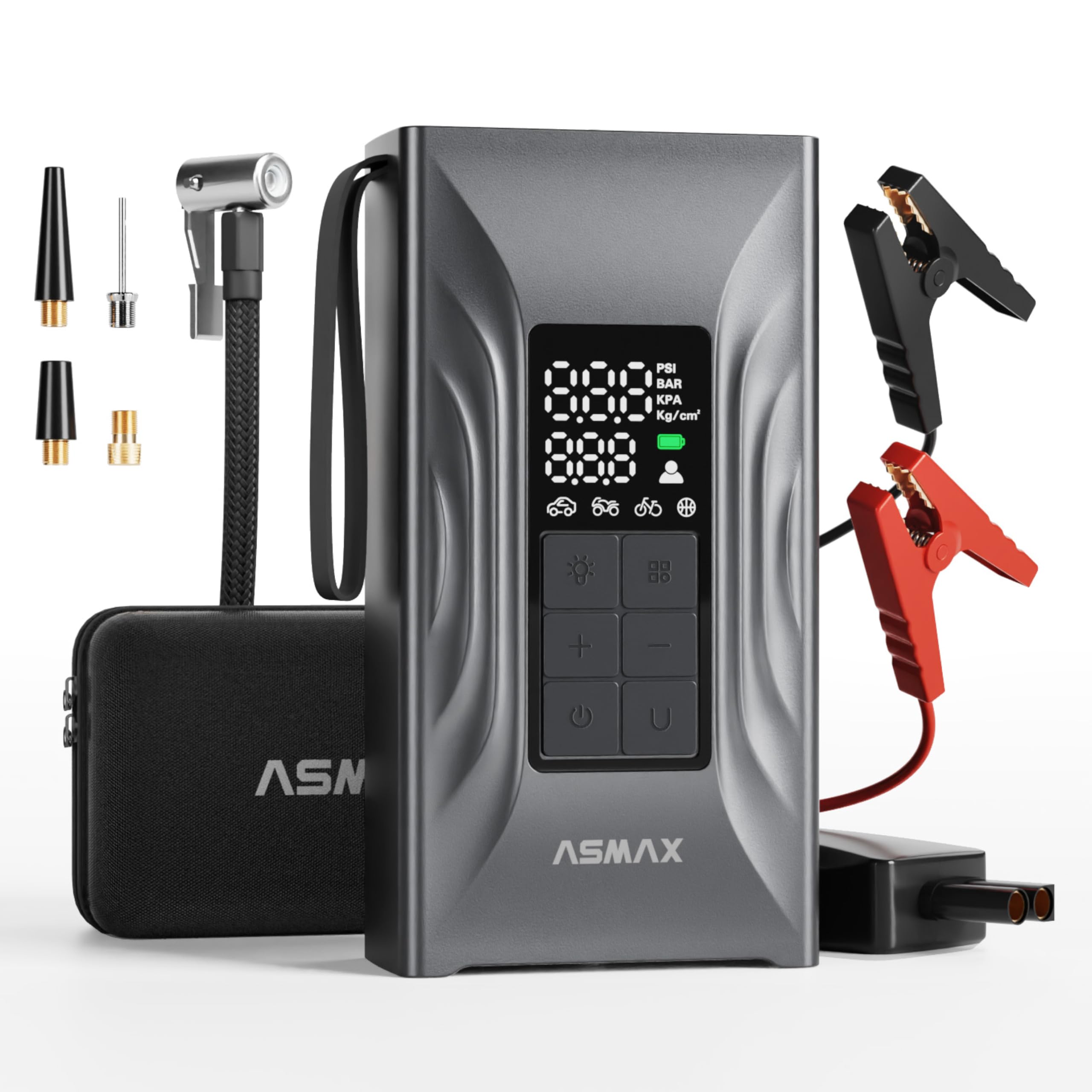 ASMAX Arrancador de Baterias de Coche 4000A, Compresor de Aire 150PSI, Arrancador de Coche 12V Para 9L de Gasolina o 8L de Diésel, Booster Con Pantalla LCD Grande, Para Coche/Camión/Moto - T20