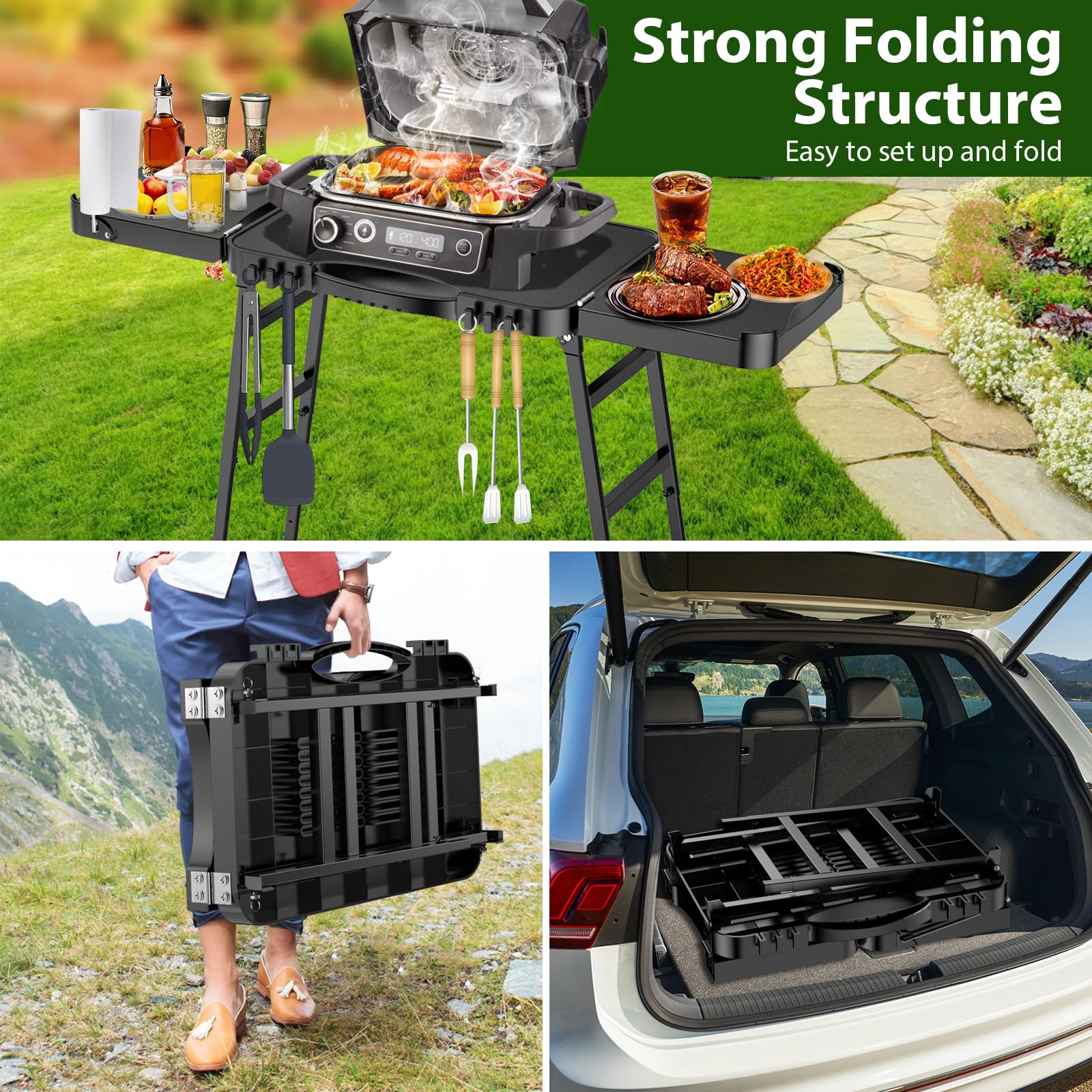 GFTIME Faltbarer Outdoor-Grillwagen für Enders Urban, Weber Q100/Q200/Q300, Ninja Woodfire, Burnhard Wayne mit großer Arbeitsfläche