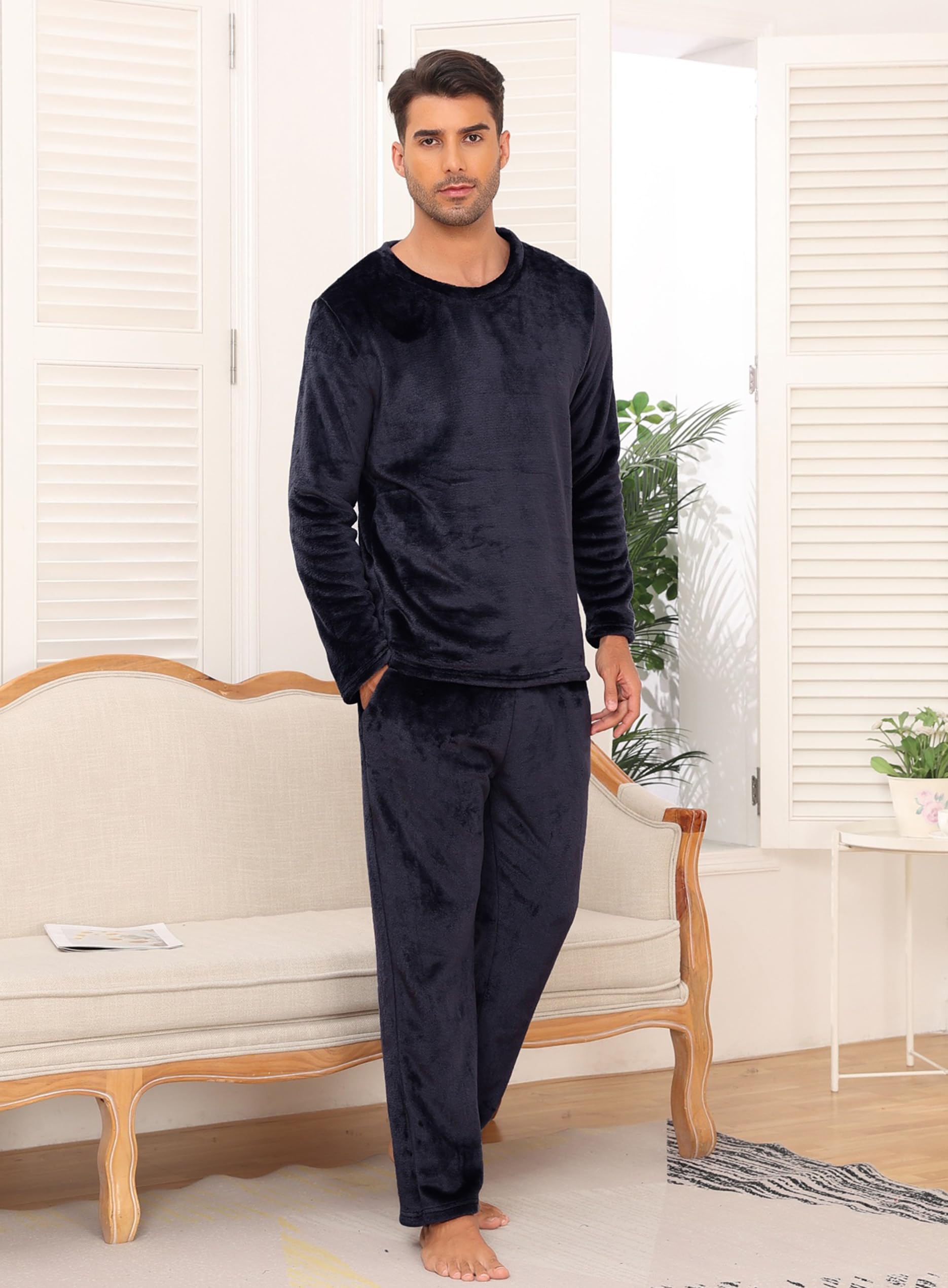 Lovasy Pijama Hombre Invierno Manga Larga Polar Pijamas para Hombre de Franela Cálido Largo