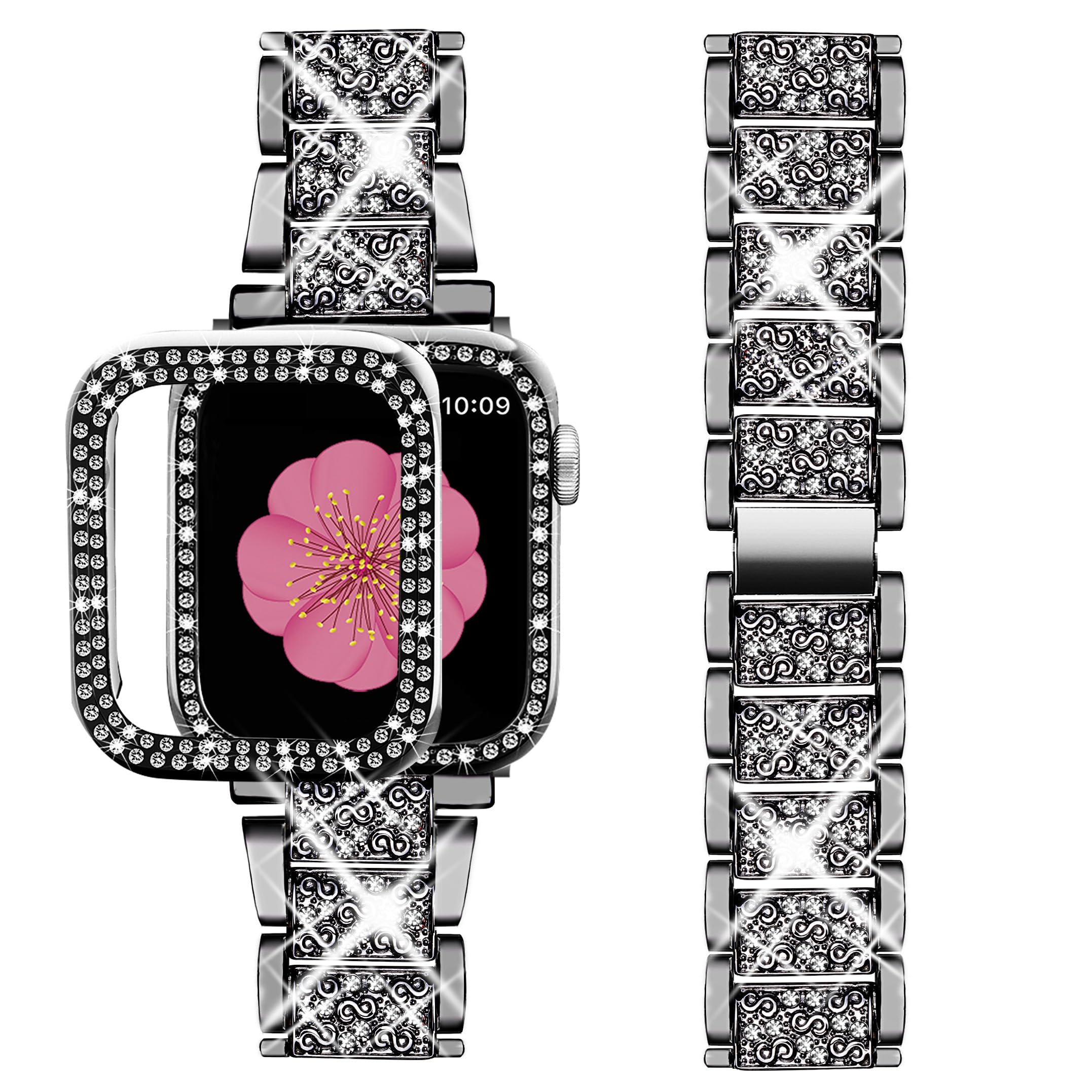 SUPOIX Compatible with Apple Watch Band S10 46mm + Case, Women Jewelry Bling Diamond Metal Bands & 2P Cover Cases for iWatch Series 10(Black,46mm)