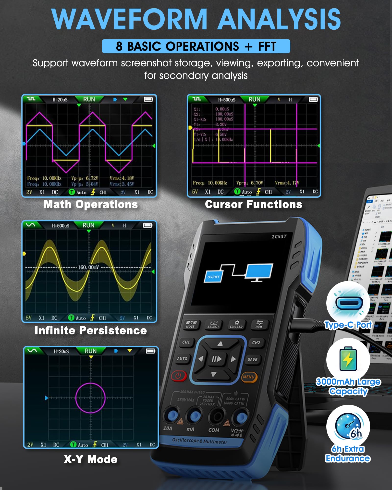 Handheld Oszilloskop Multimeter 2C53T, WapoRich 3-in-1 Oszilloskop 2 Kanal mit Signalgenerator, 50MHz, 250MSa/s, TRMS 19999 Counts, 13 Signalformen, FFT, XY-Modus, tragbares Digital Oszilloskop