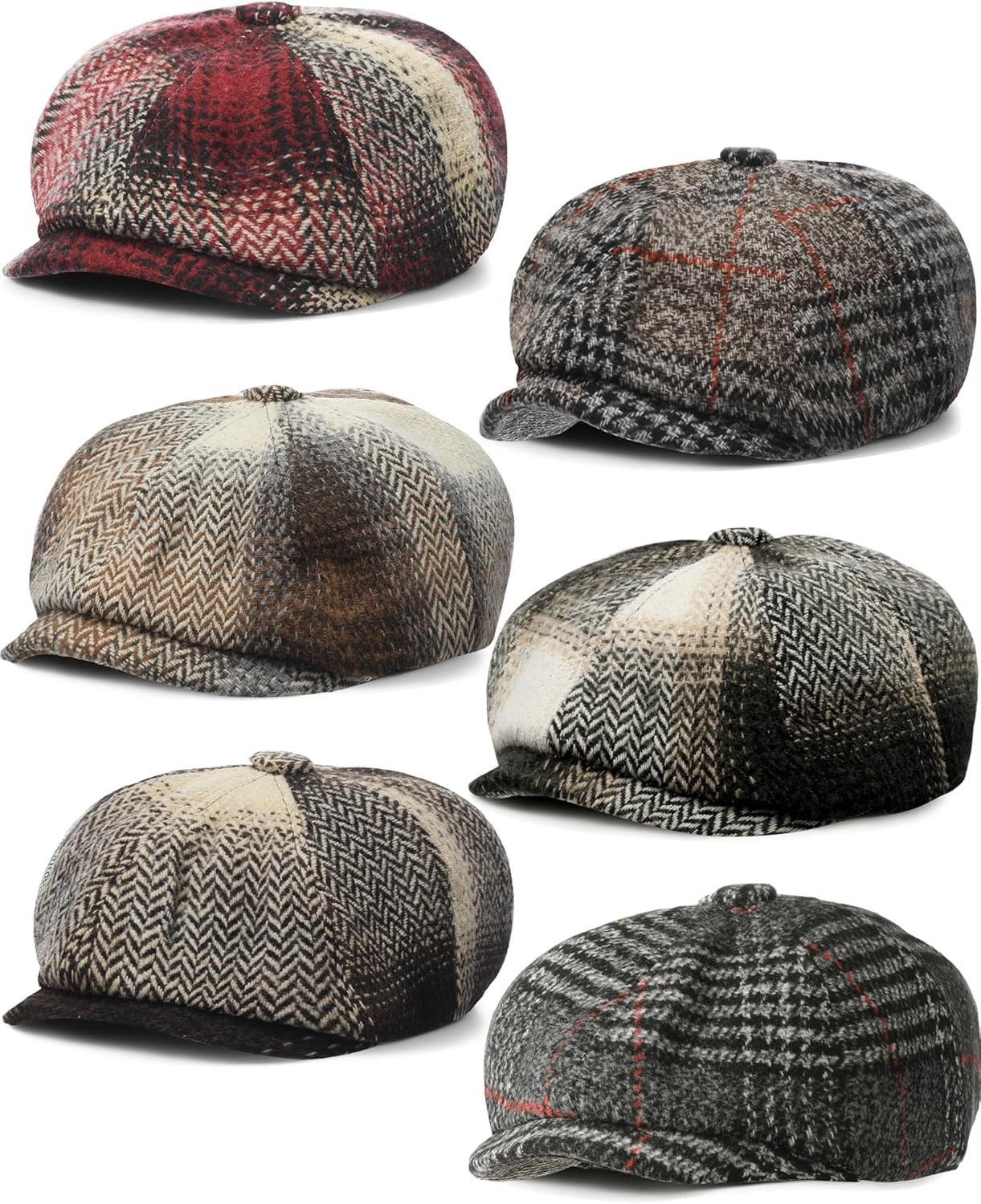 Suhine 6 Pcs Newsboy Cap for Men Octagonal Hat 8 Panel Wool Blend Beret Flat Tweed Adjustable 22 to 24 Inch