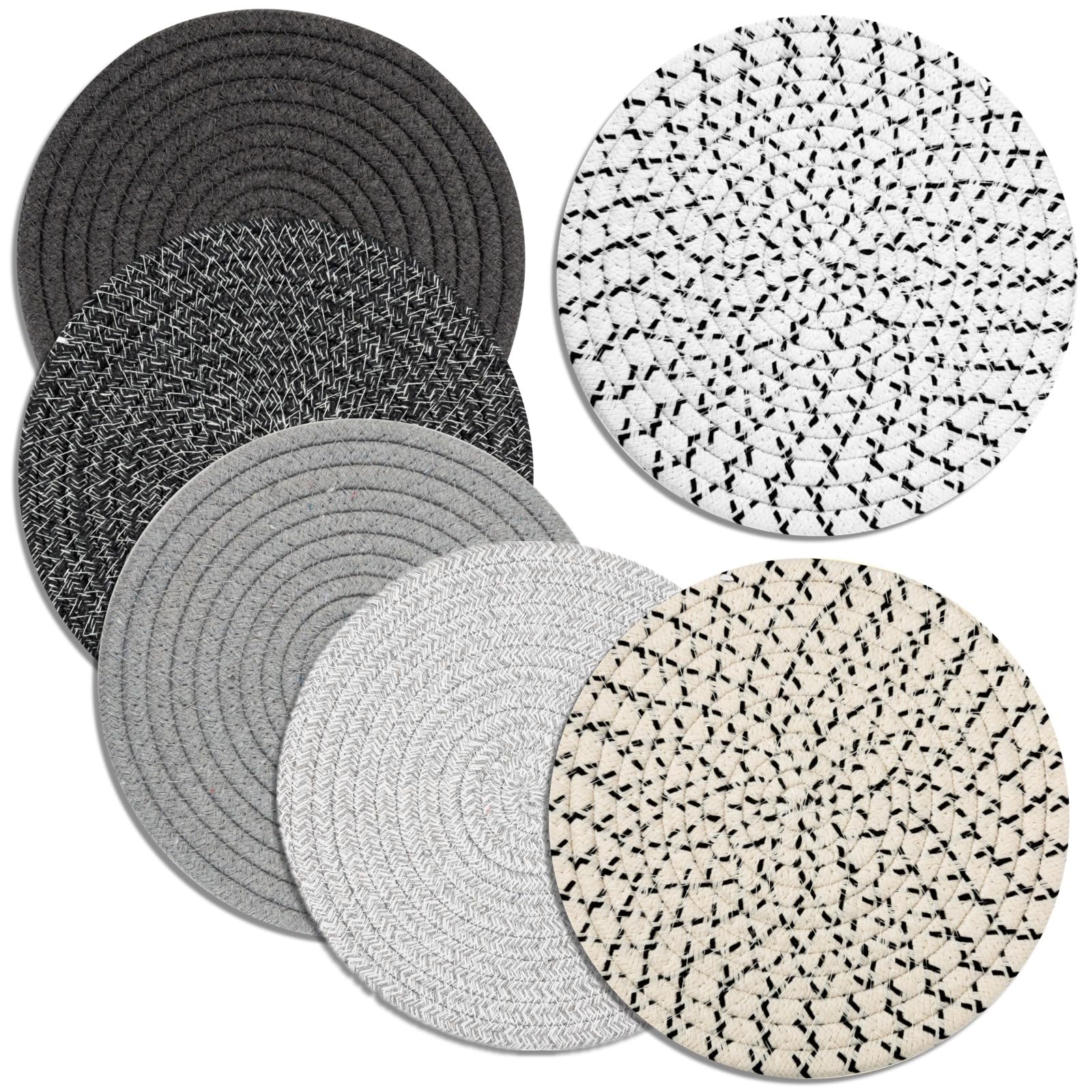 Trivets for Hot Dishes, Pots and Pans, 8 Inches Hot Pads 6 Pcs, Pot Holders for Kitchen, Heat Resistant Mat Protect Counter, Coasters Set Home Essentials Farmhouse Decor (Mix Gray)