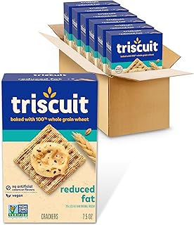 Triscuit Reduced Fat Whole Grain Wheat Crackers, Vegan Crackers, Vegan Snacks, Bulk Lunch Snacks, 6 - 7.5 oz Boxes