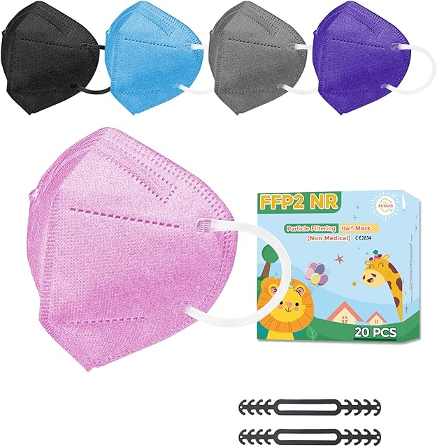 FFP2 Mask Colorful, Small Sized Disposable Mask Individual Wrapped, 5 Ply Filtering Protective Respirator with CE Approved, Breathable Adjustable Comfortable Mask for Small Face - 5 Colors in 20 Packs