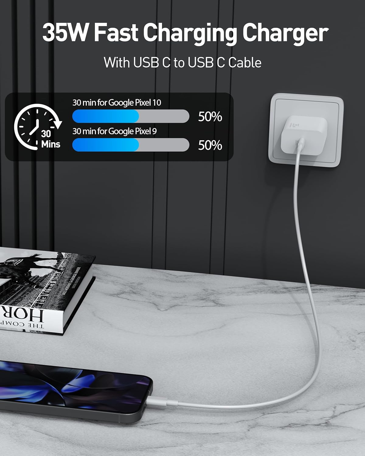 35W USB C Fast Charger for Google Pixel 10/10 Pro XL/10 Pro Fold/9/9 Pro XL/8/8a/8 Pro/7/6/5/4/3 XL, 2-Pack 35W Type C Fast Charger Block & 10FT Long USB C Cable for Galaxy S25/S24/S23/S22/A57/A56/A55 - Image 3