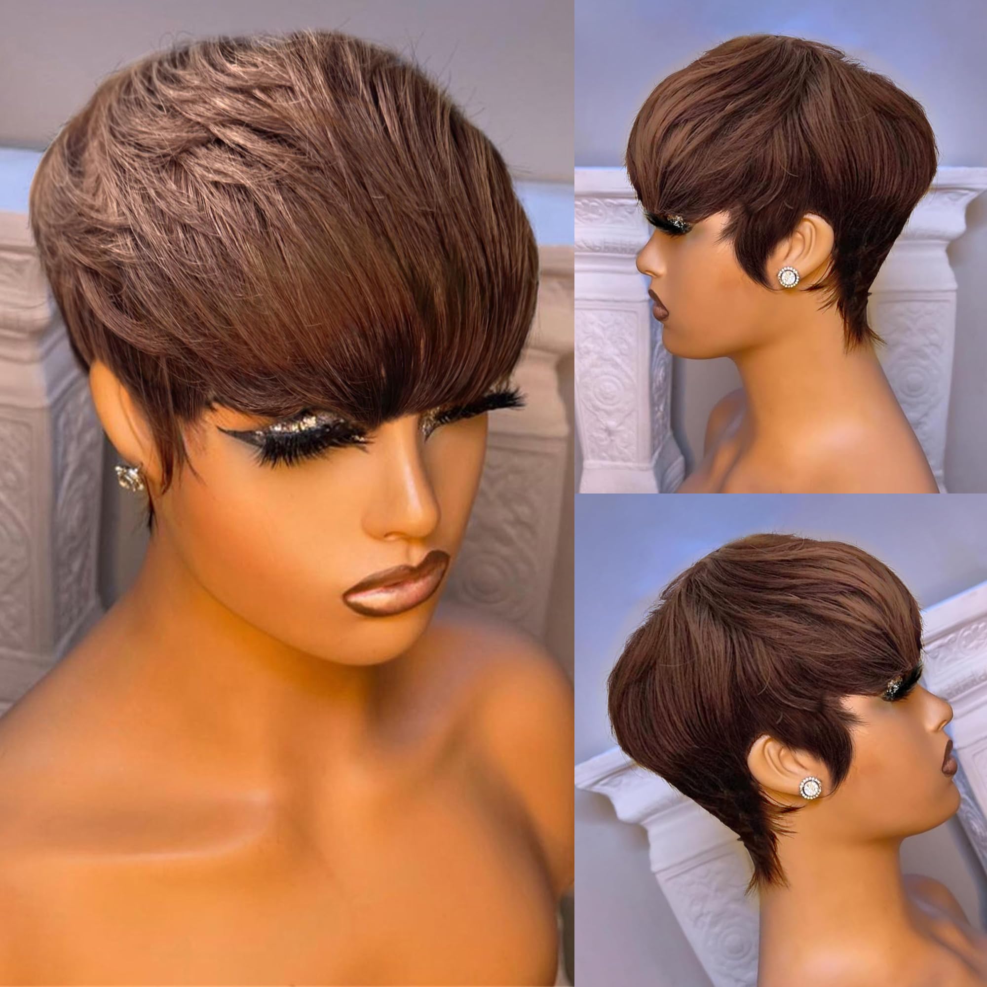 YJOQOKOA Short Bob Wigs for Black Women Human Hair Pixie Cut Brazilian Virgin Human Hair Glueless Natural Straight Wig with Bangs Layered None Lace