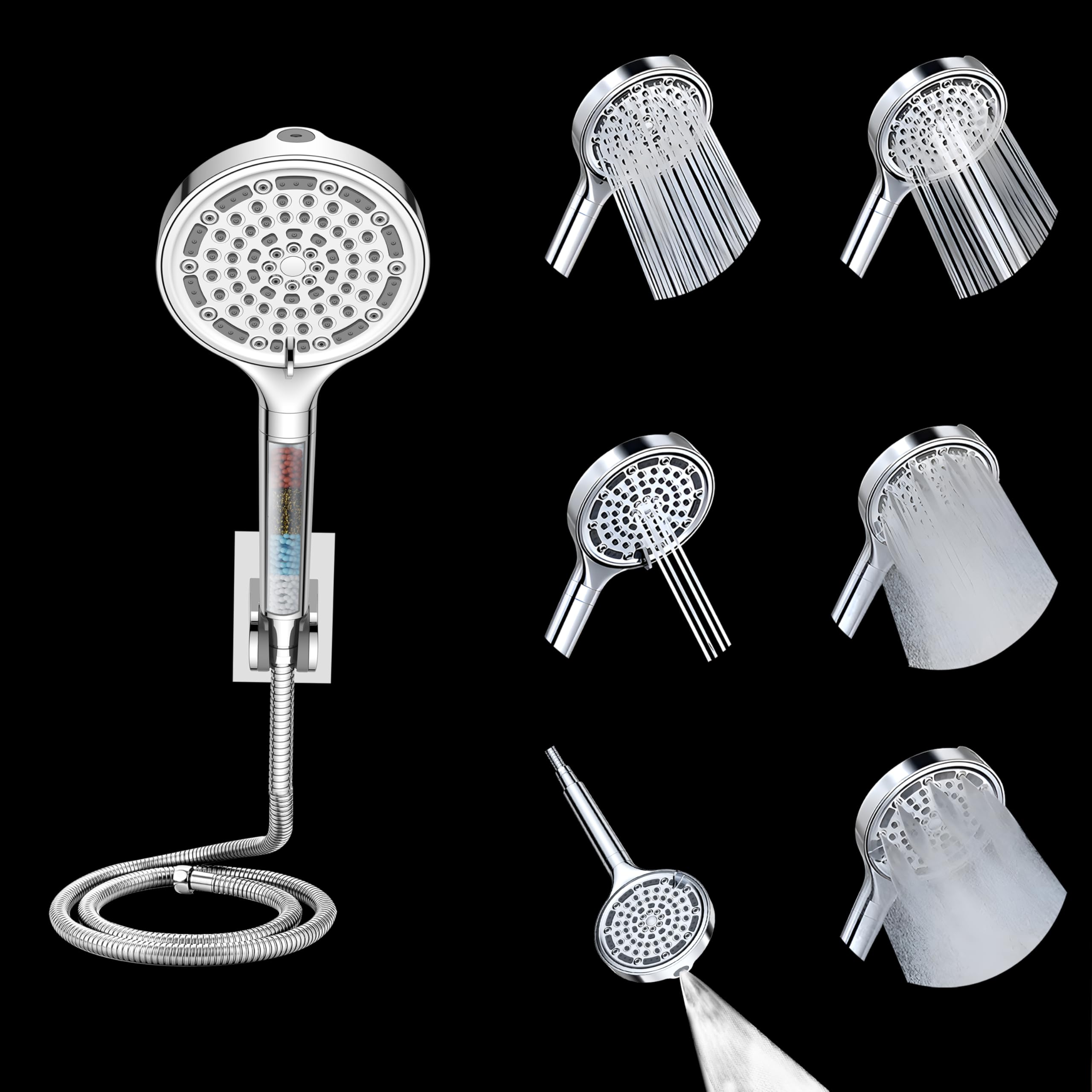 Plantex Hand Shower Filter for Bath/6 Spray Mode Shower Hand with 1.5 Meter Flexible Hose Pipe with Wall Hook/Water Softener For Hand Shower-(Chrome)