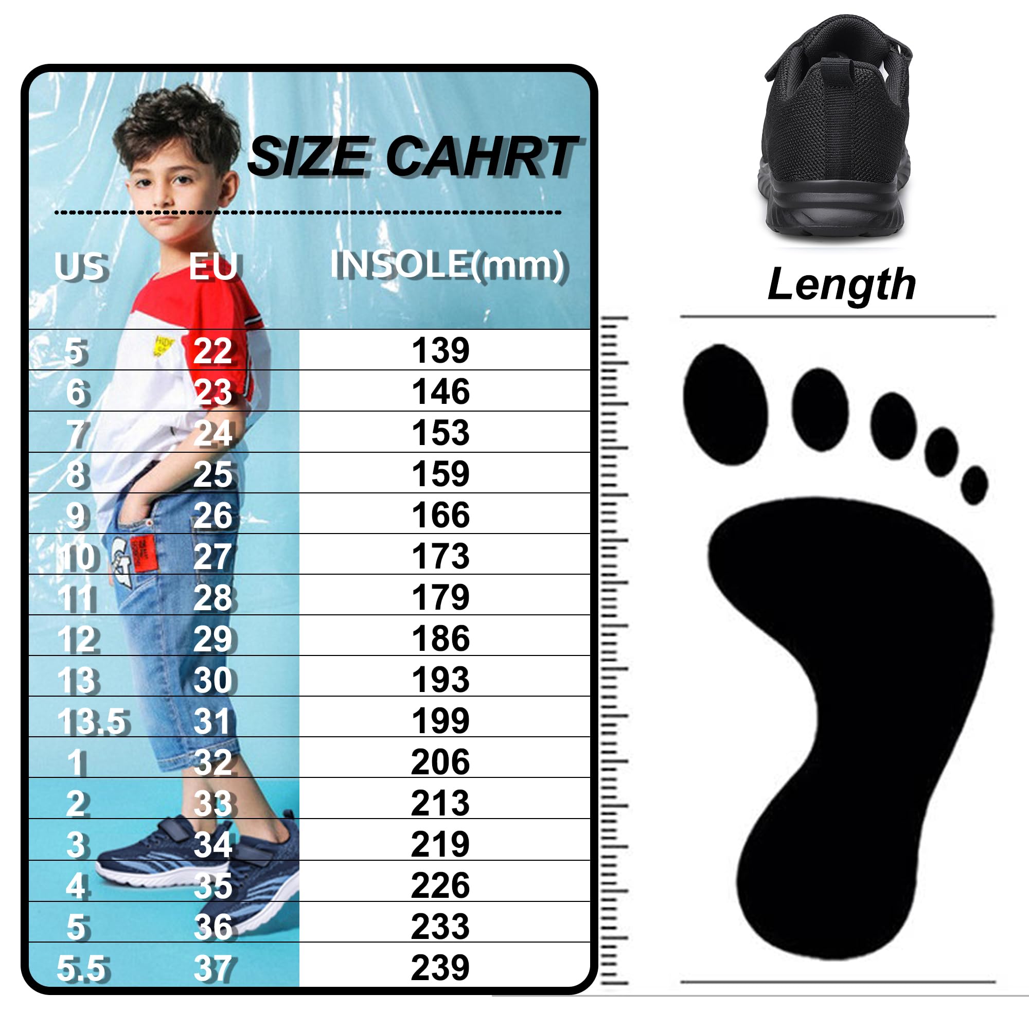 YHOON Boys Girls Shoes Kids Sneakers Outdoor Athletic Running Walking Tennis Shoes Black Big Kid Size 5.5