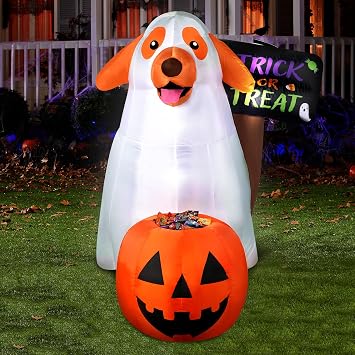 Halloween Inflatables Ghost Dog 4 FT Inflatable Halloween Dog with a Pumpkin Candy Holder Built-in LEDs Trick or Treat Yard Sign for Home Lawn Garden Party Indoor Outdoor Halloween Decor