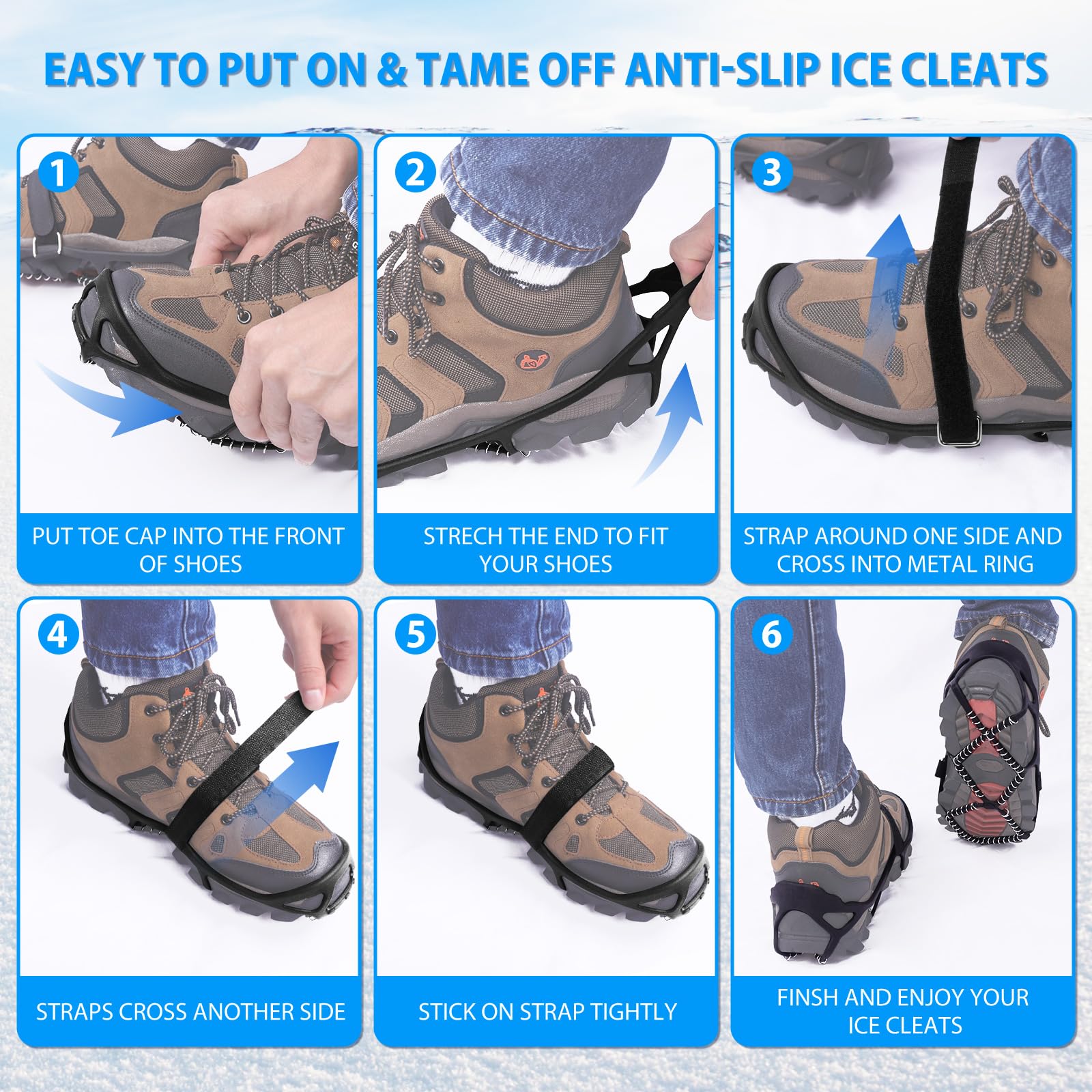 Sfee Tacchetti da ghiaccio per camminare su ghiaccio, neve, ramponi, trazione per scarpe/stivali, antiscivolo, portatili, flessibili, per camminare, arrampicata, escursionismo, pesca, corsa all'aperto