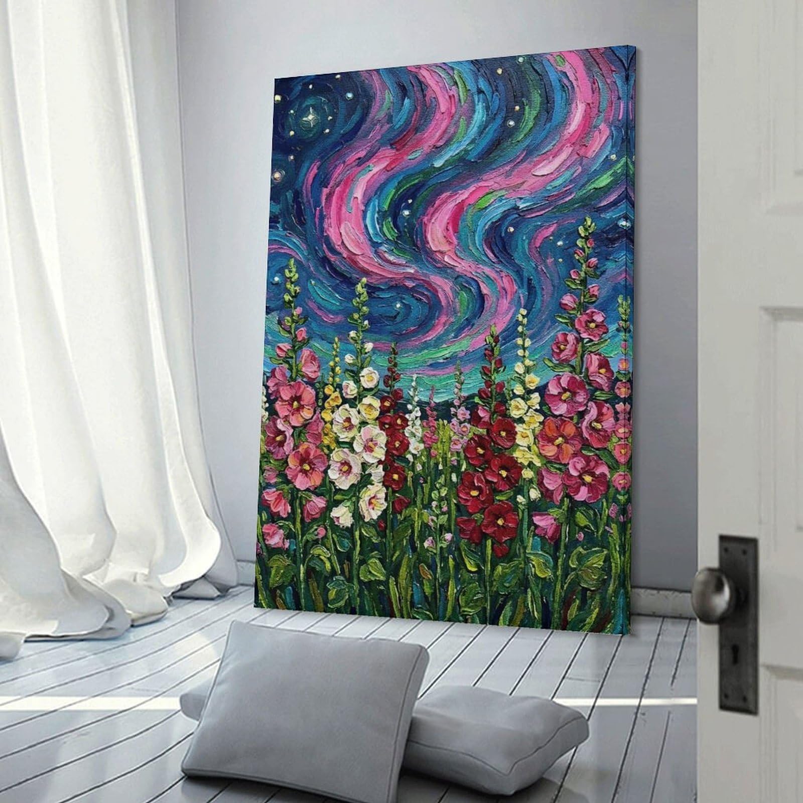 Junmoney Canvas Wall Art Floral Field Under Aurora Painting, 12x18inch(30x45cm), for Lounge Decor, Bedroom Walls Or Flats, A Home Accent with Warm Character