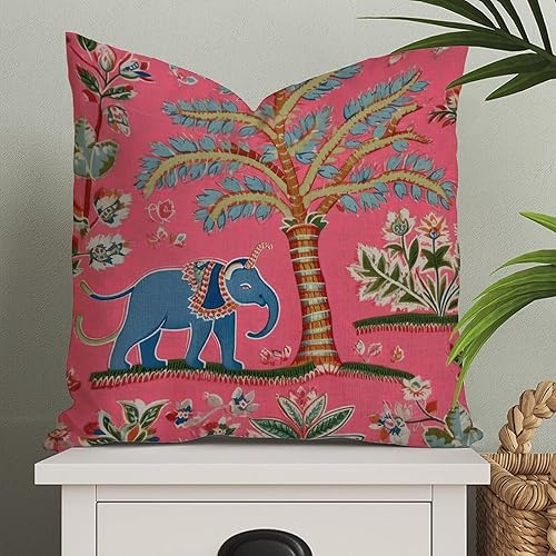 Chinoiserie Goa - Fundas de almohada de elefante primitivo de flora y fauna asiática, funda de almohada colorida, funda de cojín de animales para