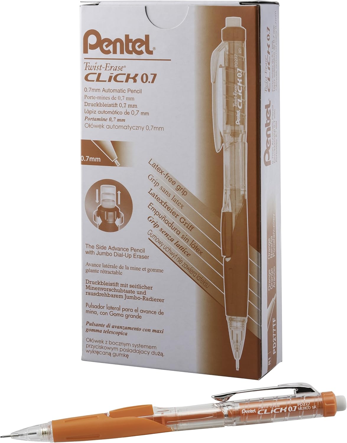 Pentel Twist-Erase CLICK Mechanical Pencil, (0.7mm), CLEAR Barrel, Orange Grip, 12 pack (PD277TF)