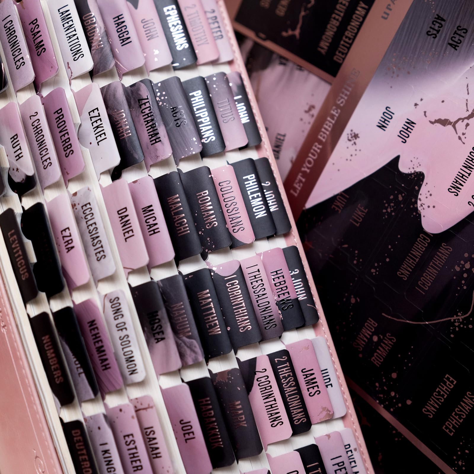 Laminated Bible Tabs (Pink and Black Foil Embossed Lettering), Bible Tabs for Women and Men, Reposition Large Print Stickers, Easy to Read and Apply, 80Chapters Labels for Easy Navigation