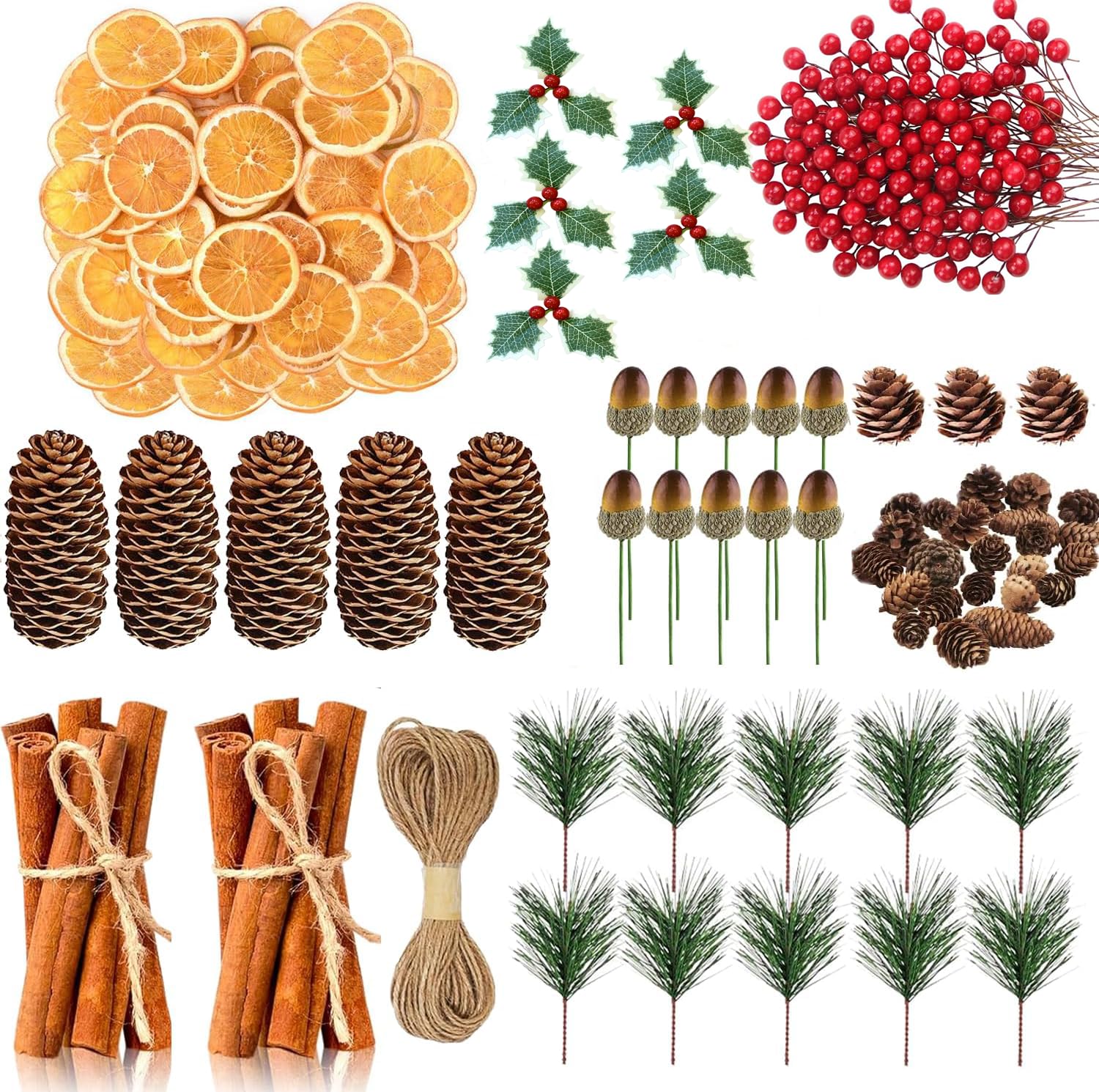 MAIREULB 285-Piece Premium Christmas Wreath Kit: Natural Dried Orange Slices, Cinnamon Sticks, Pine Needles, Red Berries & Acorns - Complete DIY Holiday Craft Set