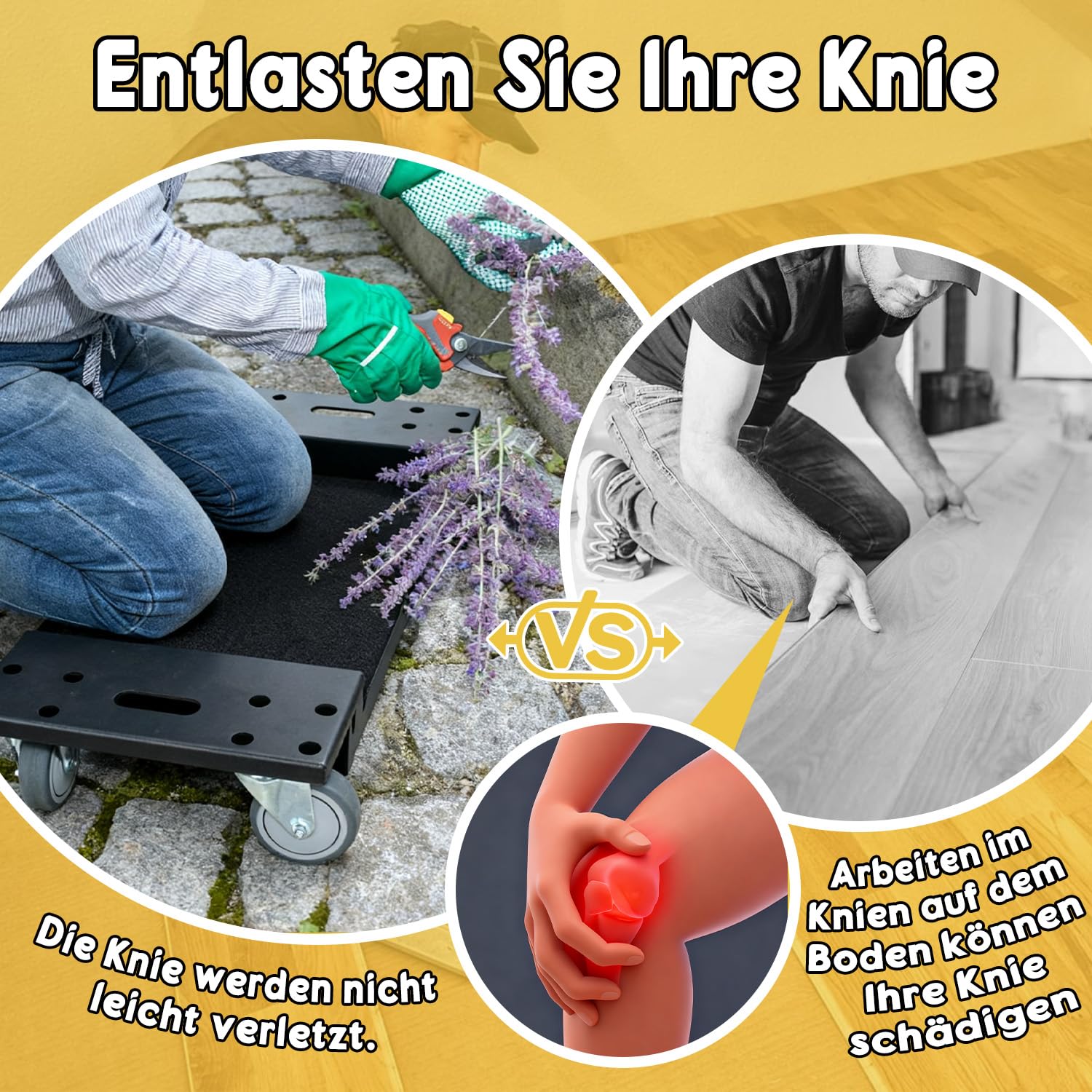 Metall Kniepolster mit Rollen, schwarzer Knieroller für Bodenarbeiten, idealer Baubegleiter für Profis und Heimwerker: Fliesenlegen, Bodenbeläge, Malerarbeiten - mühelos und arbeitssparend