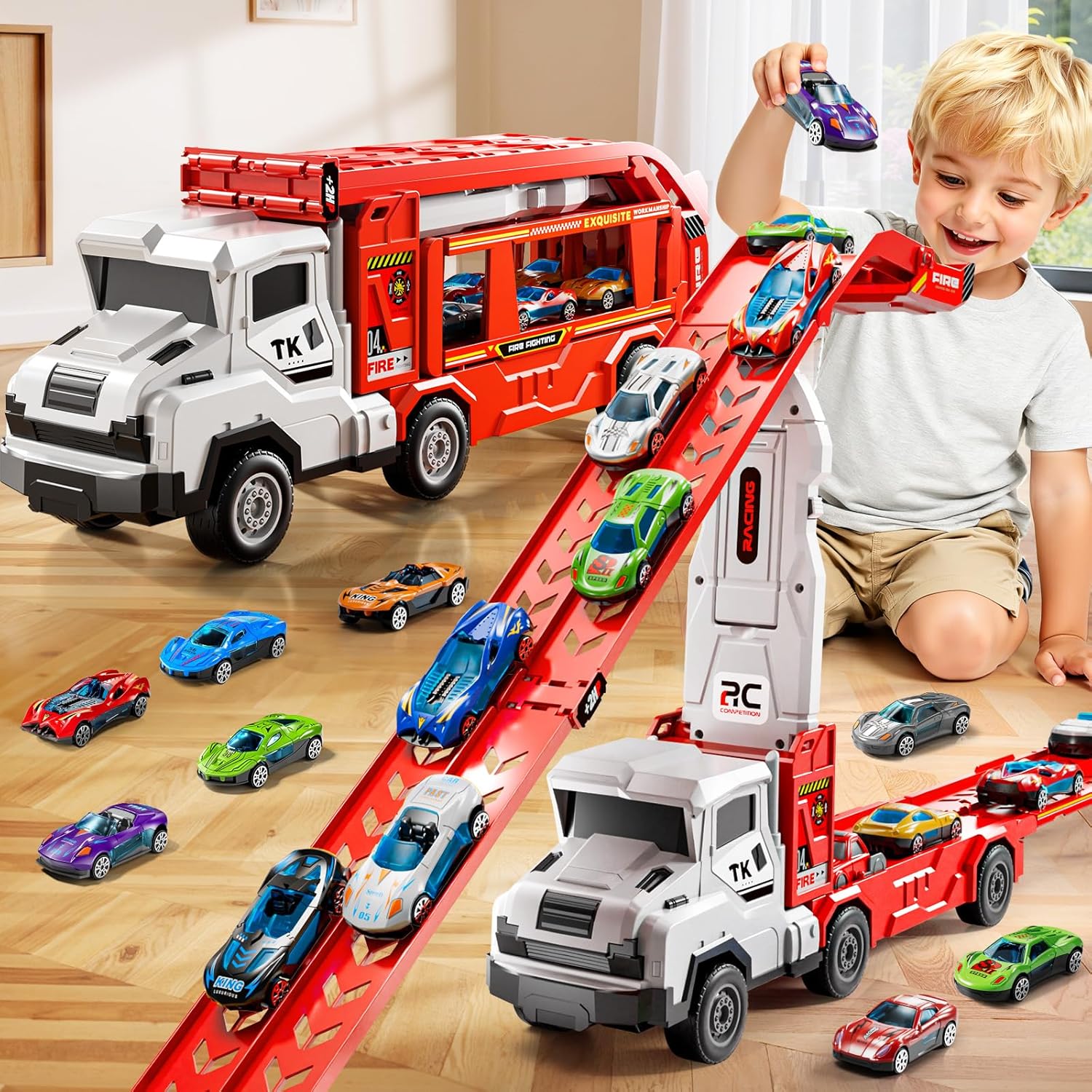 Toddler Car Truck Toys for 3 4 5 6 7 8 Years Old Boys, Transporter Truck Toy Track Set with 12 Die-Cast Car Toys, Toy Gifts for 3 4 5 6 Year Old Boys Kids Red