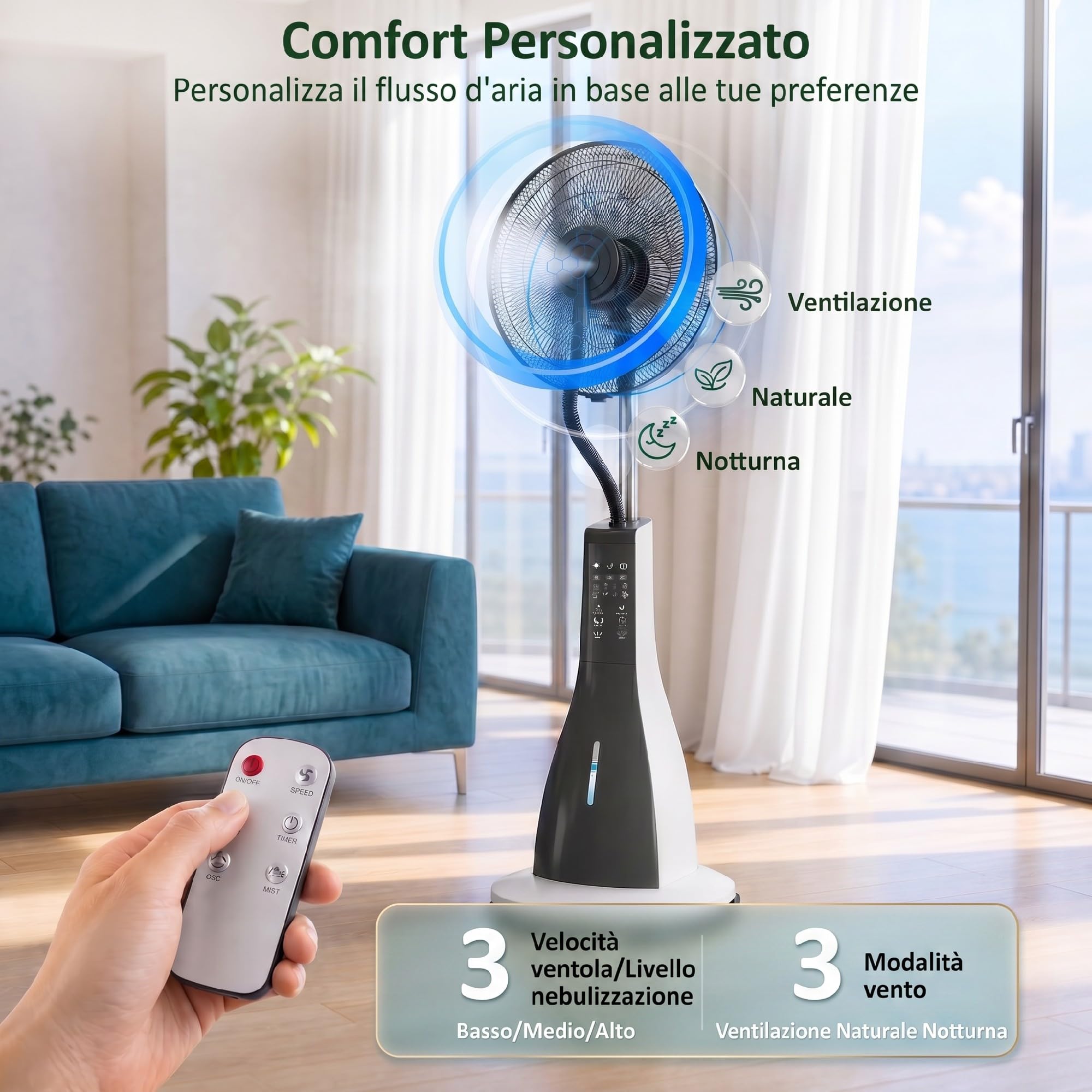 HOMCOM Ventilatore Nebulizzatore con Serbatoio da 3L, 3 Velocità e 3 Modalità, Ventilatore a Piantana con Ruote, Timer 7.5h, Oscillazione 75°, Inclinazione 15°, Display LED, Telecomando, 90W, Ø50cm