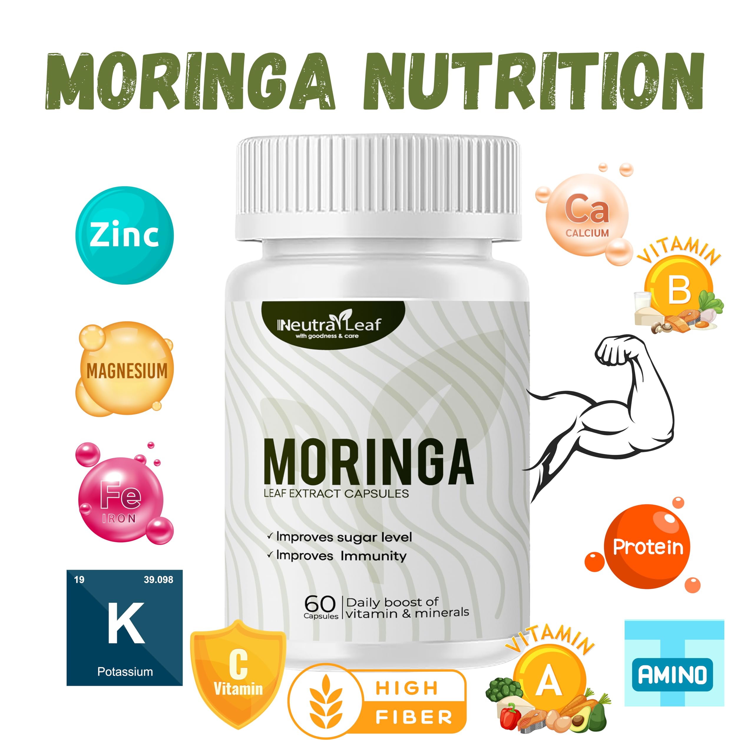 Neutra Leaf Moringa Leaf Extract Capsules 500mg | Rich in Vitamins, Minerals & Amino Acids | Natural Energy Boost, Improves Stamina & Vitality | 60 Veg Capsules 1