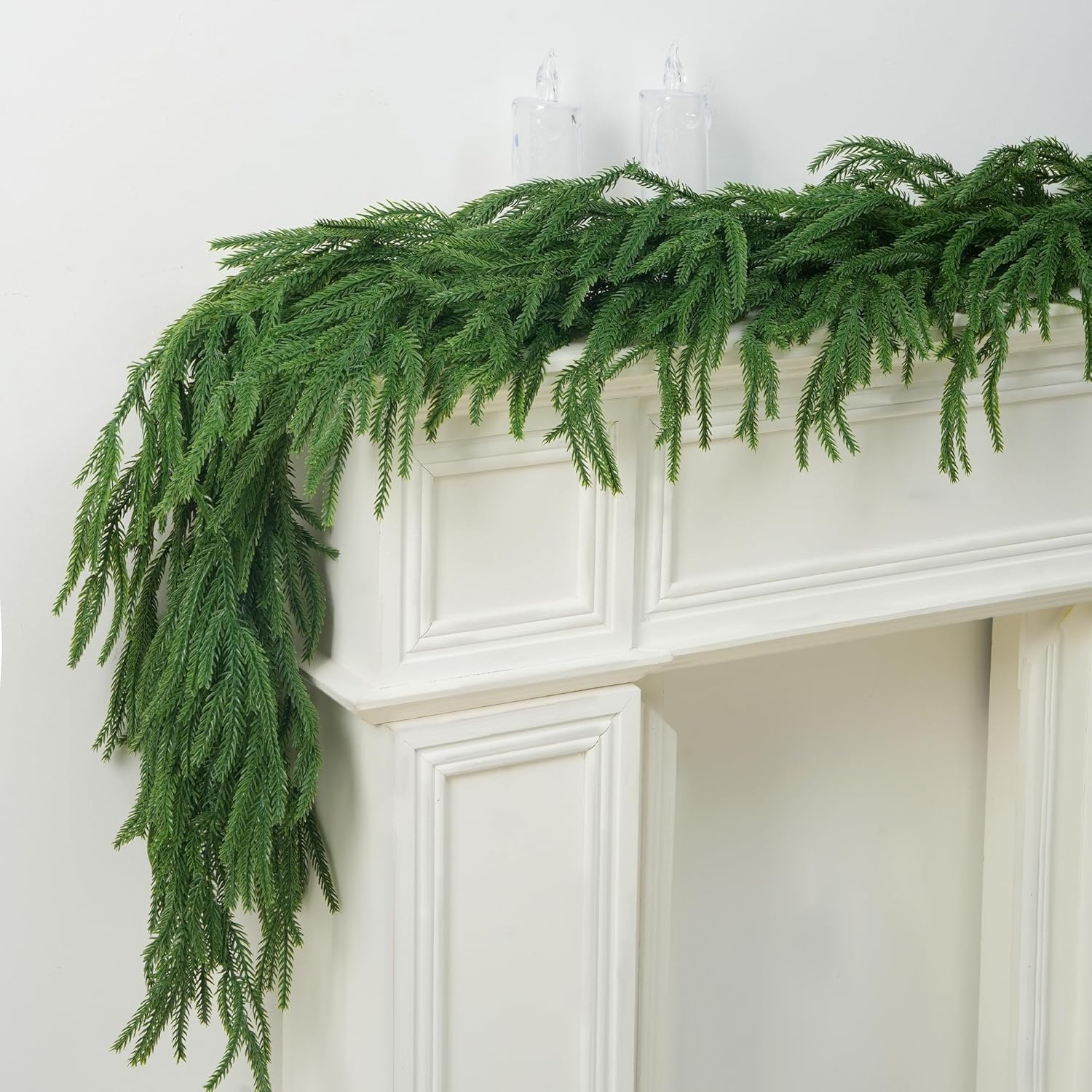 2 PCS-9FT Artificial Norfolk Pine Garlands - Real Touch Winter Pine Garland, Green Artificial Greenery Garland for Table, Mantle, Wall, Indoor, Outdoor Christmas Decorations 9ft-2 Pcs