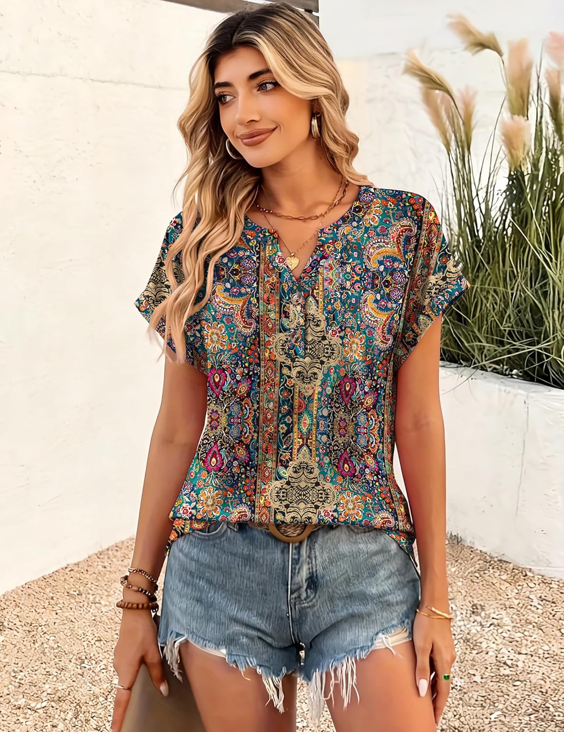 Zeagoo Women Tops Summer Short Sleeve T Shirts V Neck Dressy Casual Work Blouses Fashion Boho Clothes S-3XL - Image 3