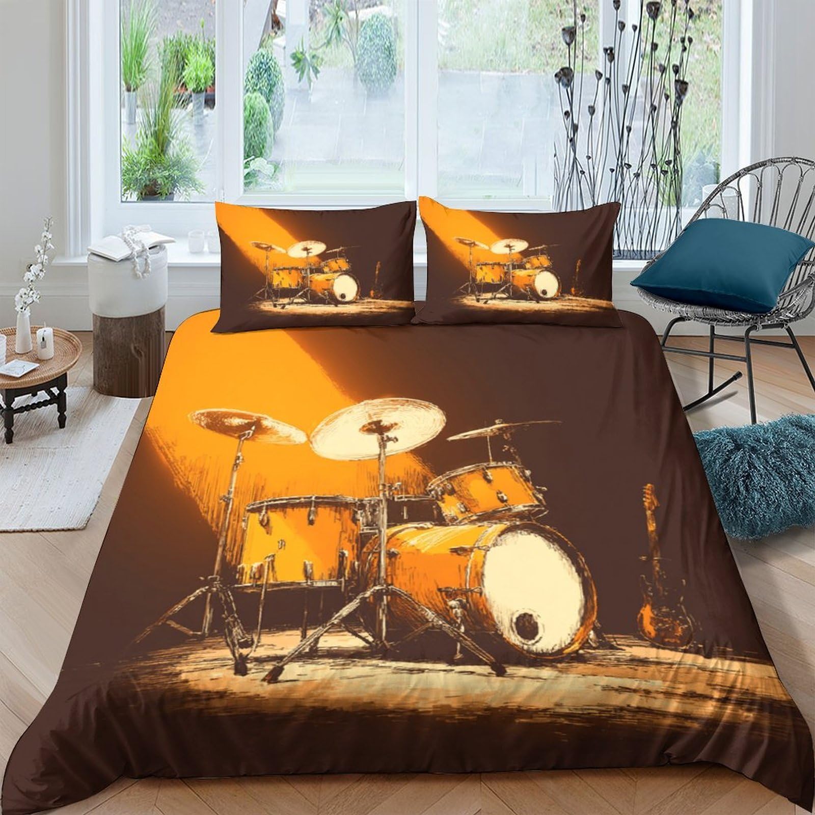 Ctjqhvkz Style-9 3D Printed Drum Kit Fitted Sheet Microfiber Orange Stage Lighting Bed Cover For Bedroom Dorm Mattress Protection Decor Single（135X200cm）